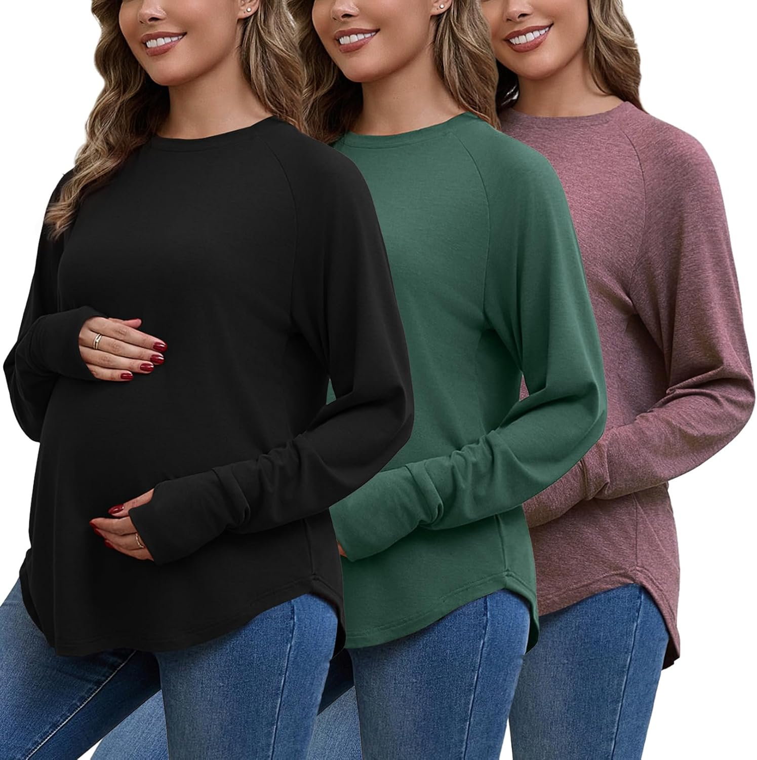 Bhome Maternity Shirts 3 Packs Long Sleeve Pregnancy Tops Loose Fit Casual Blouses with Thumb Holes