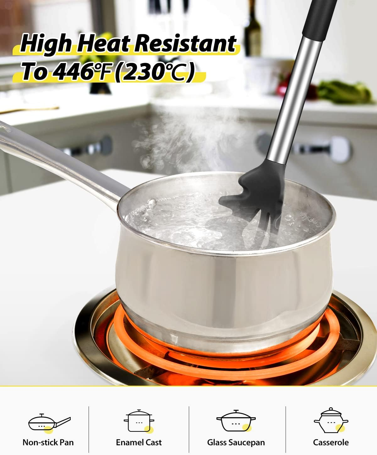 Silicone Pasta Fork and Soup Ladle Set, Non-Stick BPA Free Heat-Resistant Handy Kitchen Utensils for Cooking, Serving, Draining, Stirring (Black) image number 6