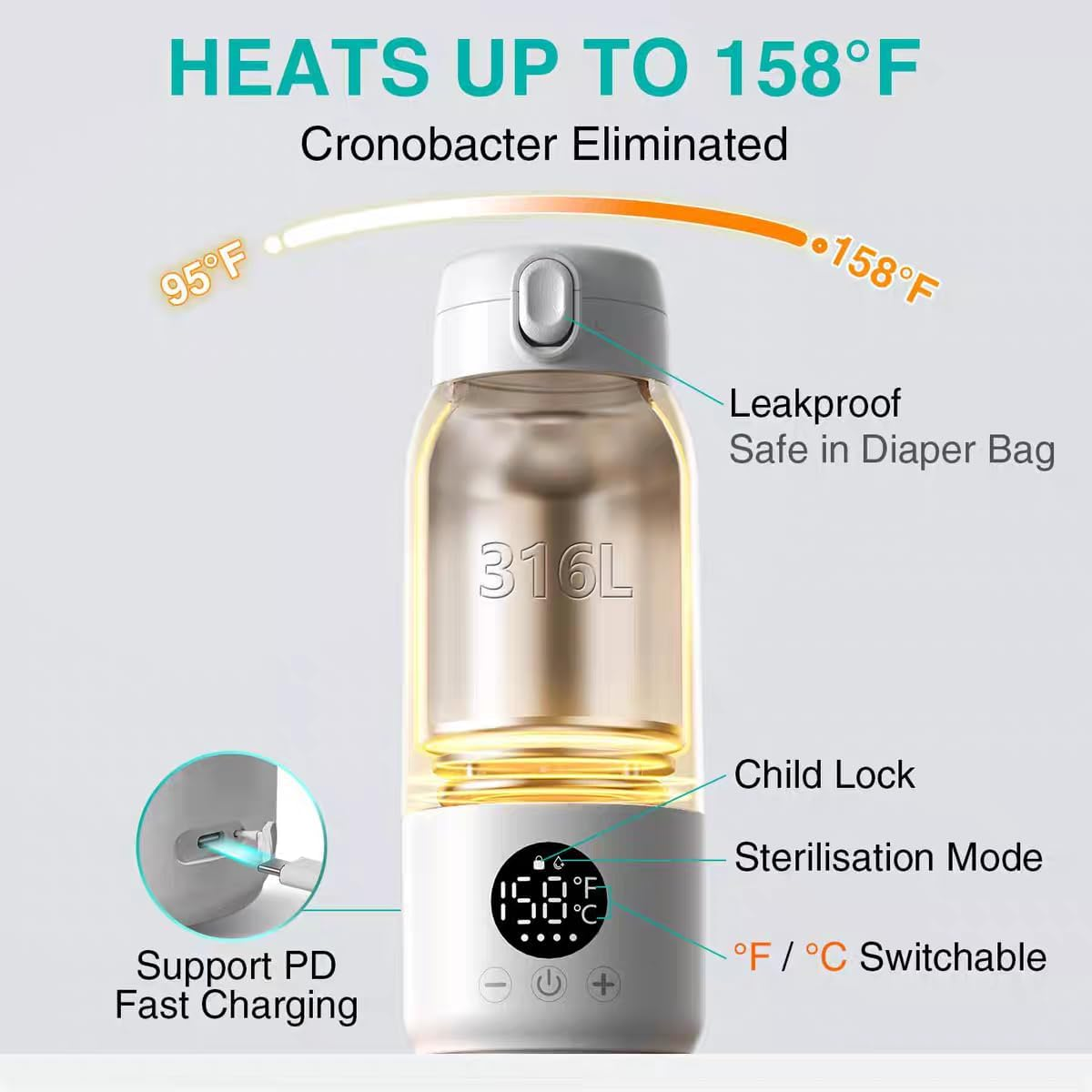 Portable Bottle Warmer, Super Fast Charging, 500ML Rechargeable Portable Milk Warmer with Precise Temperature Control and IPX6 Washable Design, Smart Baby Bottle Warmer with LCD Display for Travel, Outdoor image number 5