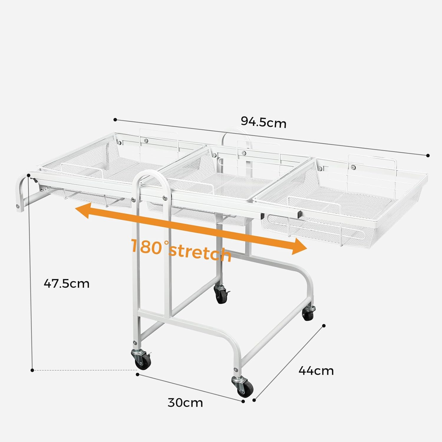 Levede 3 Tier Kitchen Trolley Cart Mobile Foldable Vegetable Storage Shelf Removable Basket, 90&deg;-180&deg; Rotatable Flat Rolling Fruit Organizer Rack with Brake for Living Room,Laundry,30Kg Capacity White image number 6