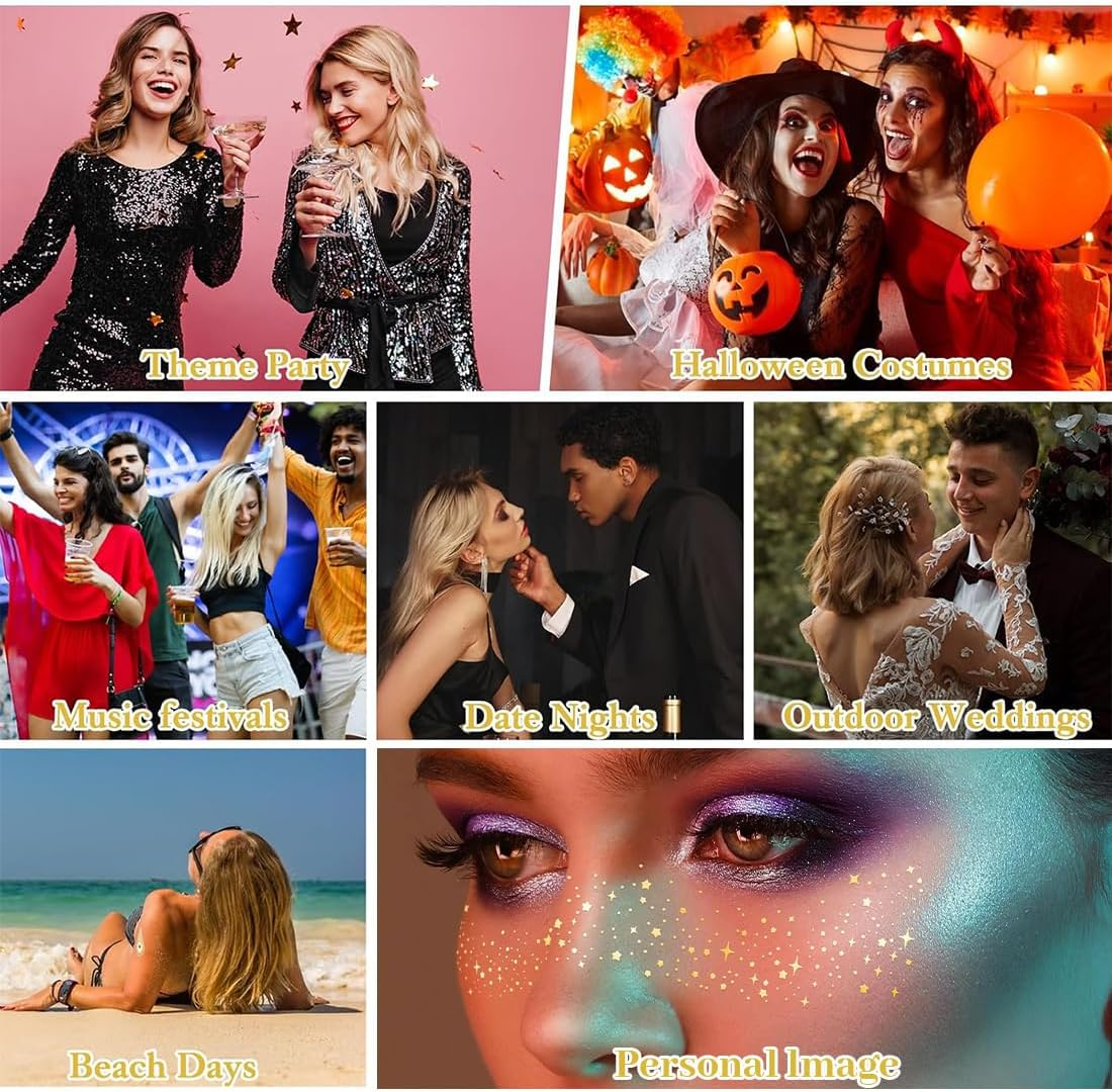 6 Pcs Gold Glitter Tattoos, Glitter Face Makeup Patches, Glitter Face Glitter Festival for Women, for Party/Carnival/Festival/Christmas image number 6