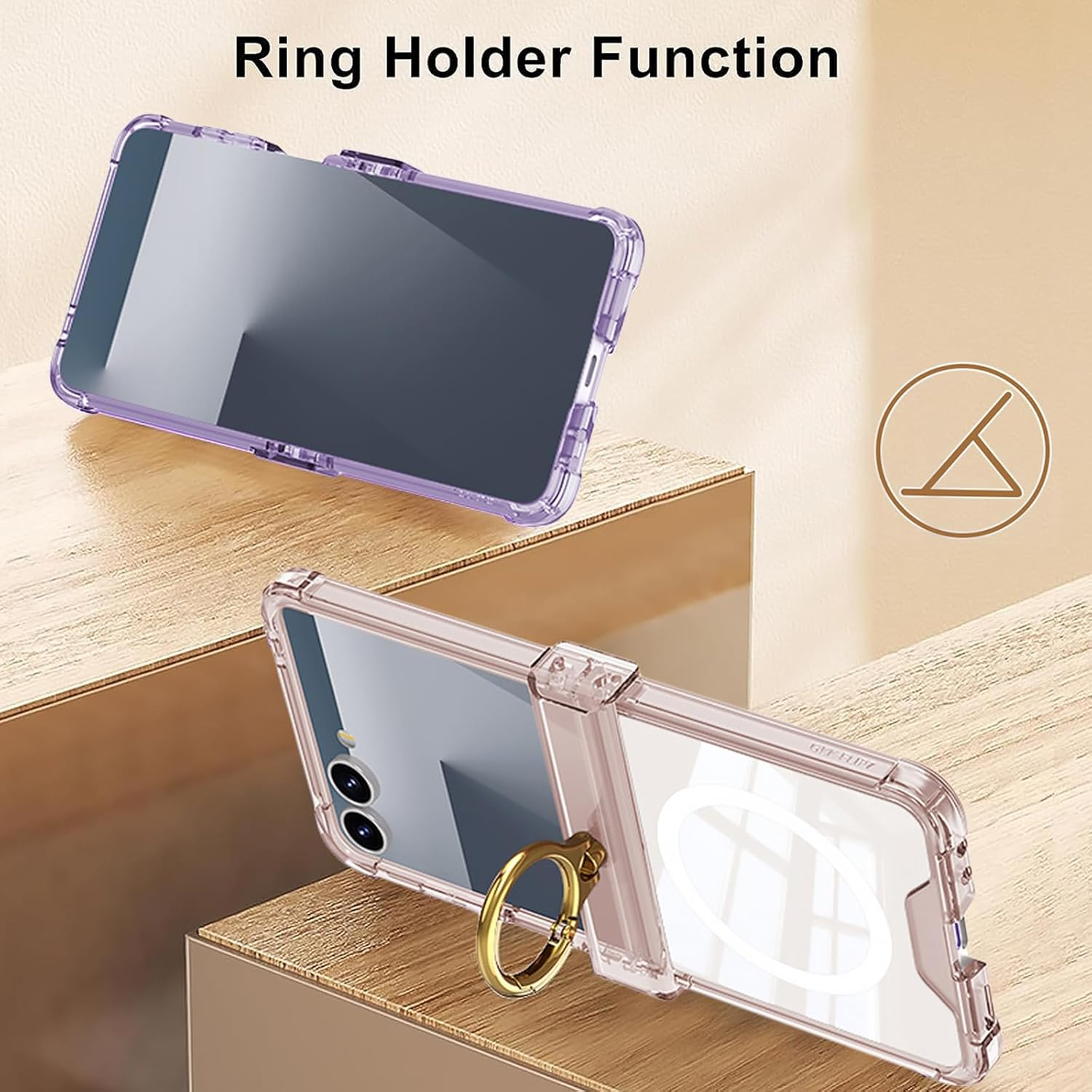 RUNGOS Magnetic Clear for Samsung Z Flip 7 Case Magsafe with Ring Stand [Hinge Protection] [360&deg; Rotatable Ring Holder] [Mil-Grade 4-Corner Airbag Reinforcement] Cover for Samsung Galaxy Z Flip 7 Case