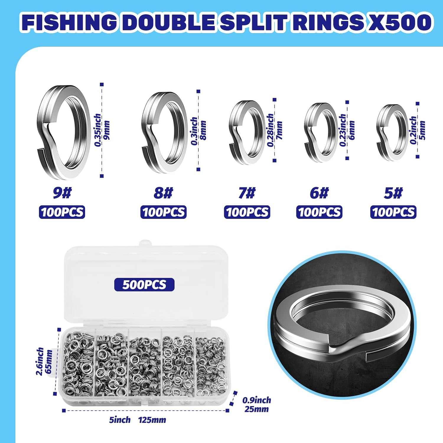 Waltool 5 Sizes Fishing Split Rings Assortment Kit Stainless Steel Double Flat Lure Tackle Connector 30Lb to 120Lb Test for Trolling Jigging Offshore