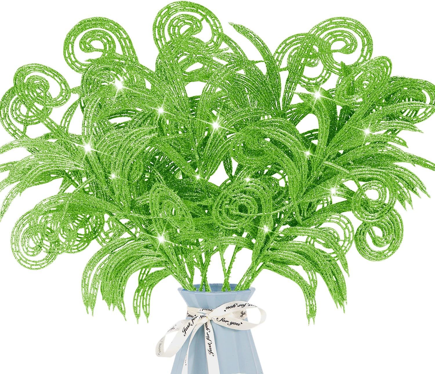 12 Pcs Glitter Christmas Leaves, Artificial Leaf Spray Picks Christmas Foliage Christmas Tree Filler Branches Christmas Wreath Decor for DIY Wreath Wedding Table Centerpiece Decorations (White)