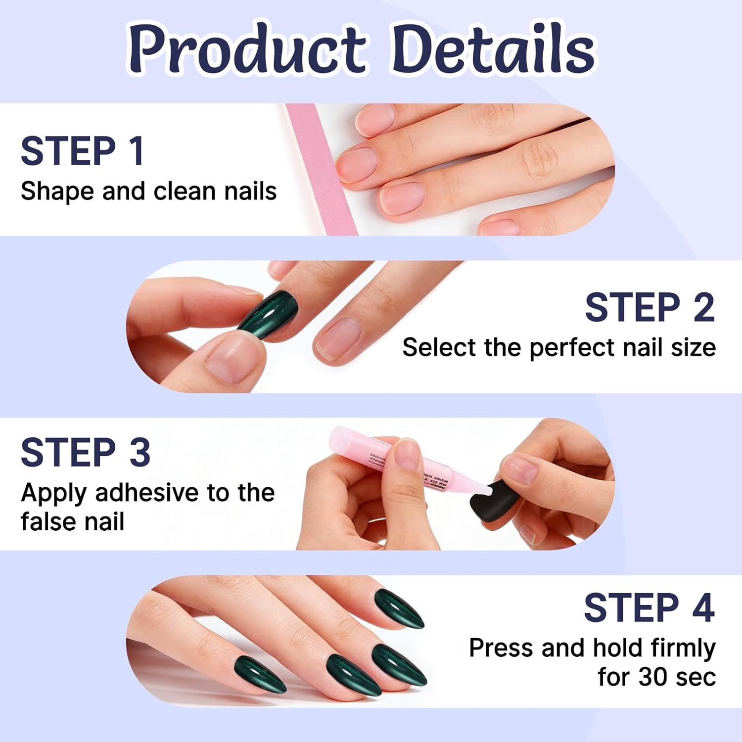 24 Pcs Press on Nails Short Almond, Press on Nails with Glitter Magnetic Cat Eye False, Handmade Short Press on Nail, Stiletto Jelly Stick on Nail for Daily Wear & Party Decor (Emerald Green) image number 3