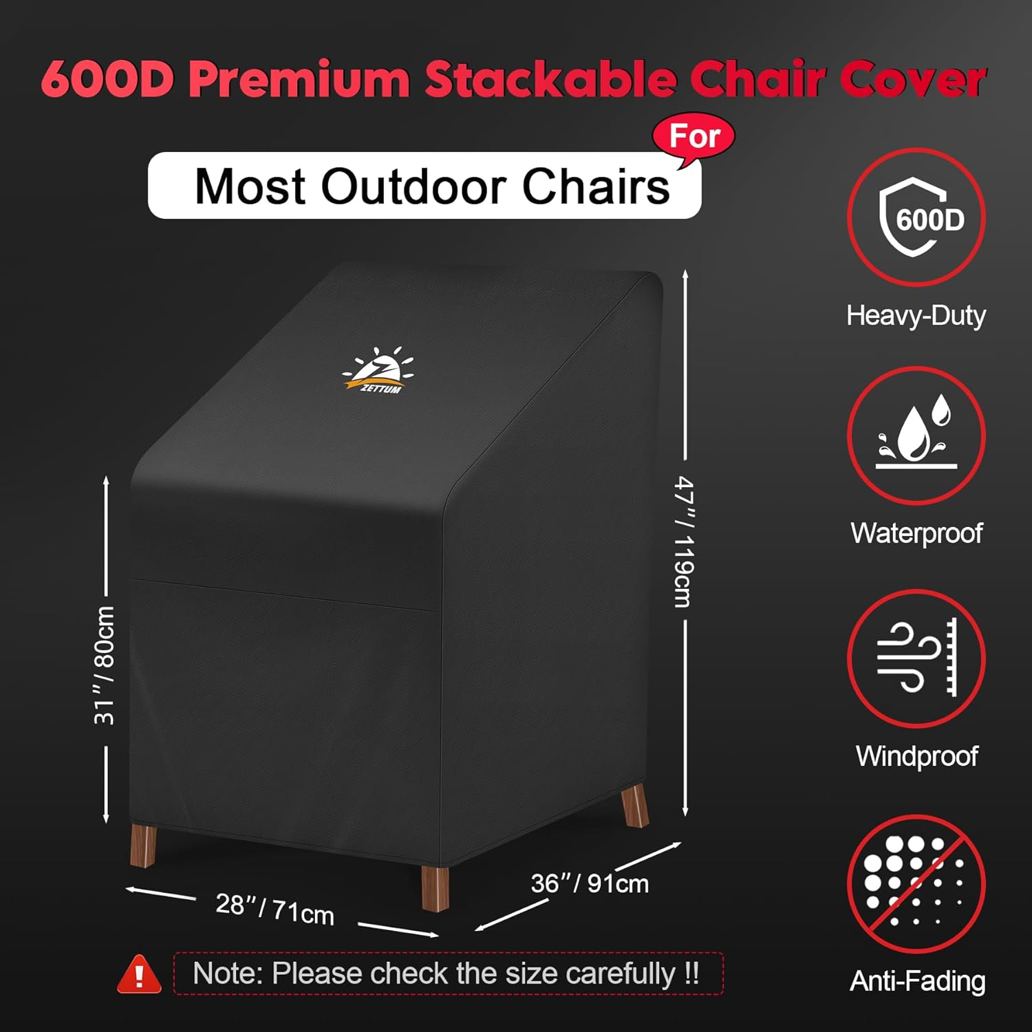 Zettum Stackable Patio Chair Cover 2 Pack - 600D Outdoor Chair Cover Waterproof & Heavy Duty, Lawn Furniture Stacking Seat Cover for 4-6 Outdoor Stackable Dining Chairs - 28 X 36 X 47 Inch image number 4