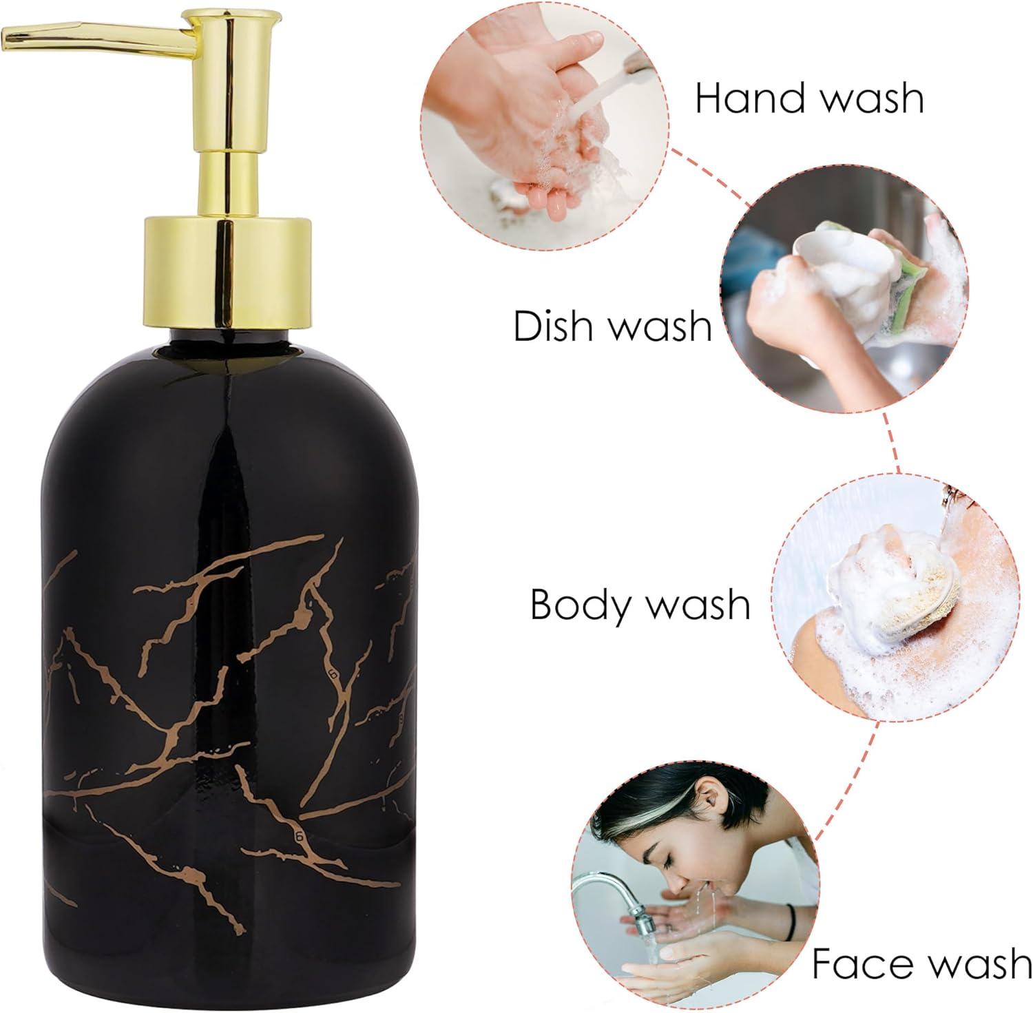 DODAMOUR 2 Pack Glass Soap Dispenser with Gold Pump, 410 ML Aesthetic Soap Pump Bottle Set, Decorative Refillable Liquid Dispensers for Vanity, Kitchen Sink, or Bathroom Countertop (Black, White) image number 3