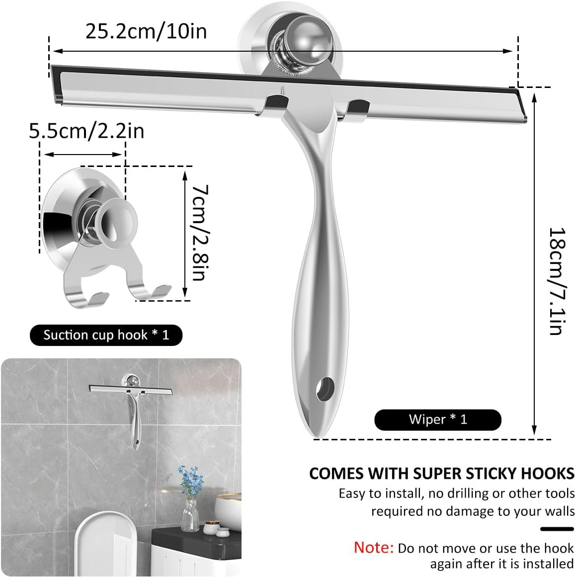 Shower Squeegee with Suction Cup Stainless Steel Window Squeegee Window Glass Wiper Scraper Cleaner with Silicone Blade for Bathroom/Kitchen/Car Glass, 10-Inch (Silver)