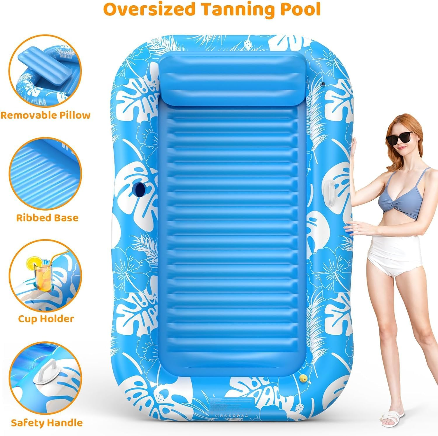 Inflatable Tanning Pool Lounger Float with Sprinkler, 214CM X 145CM Pool Floats Adult with Pillow, 6 in 1 Tub Raft Floatie with Drink Holder Sunbathing Water Lounge