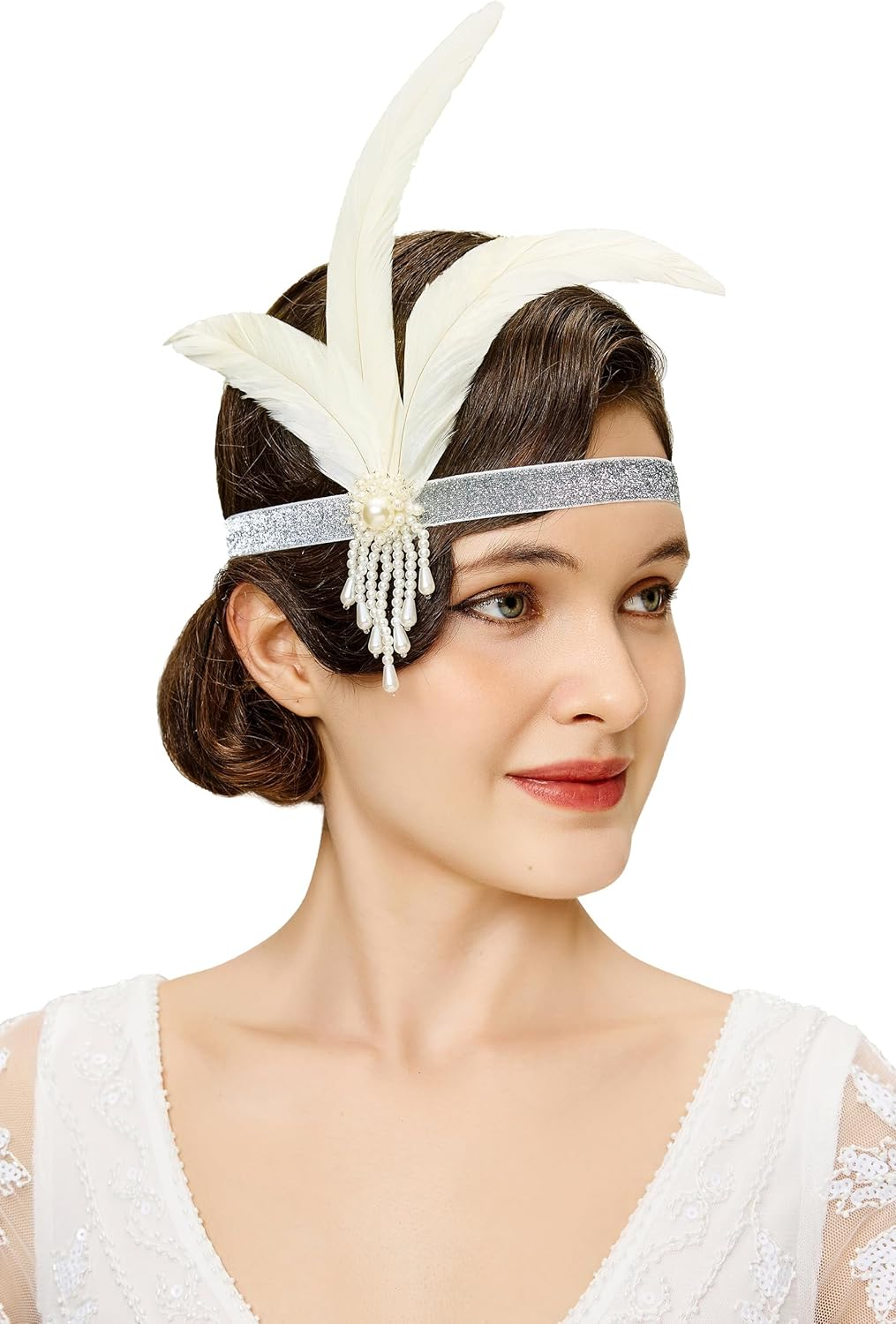 BABEYOND 1920S Flapper Feather Headpiece Vintage 1920S Headband Beaded Flapper Headpiece Great Gatsby Costume Accessories, Gold