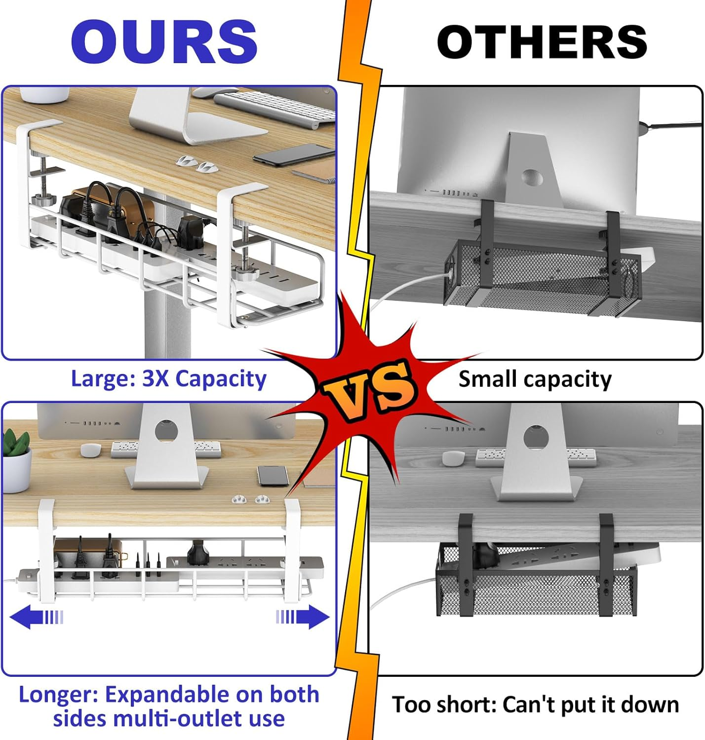REFLYING Cable Management under Desk Underdesk Cable Management Cable Basket for Managing Cables and Power Strips, White, Set of 2 image number 2