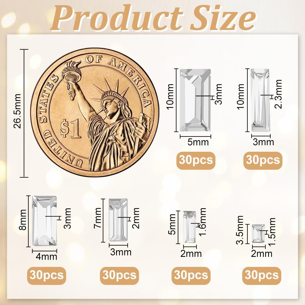 FINGERINSPIRE 180Pcs Mini Clear Pointed Back Rhinestone 6 Sizes Rectangle Faceted Glass Rhinestone Clear No Hole Glass Rhinestone Gems Crystal Jewelry Embellishments with Silver Plated Back for DIY image number 4