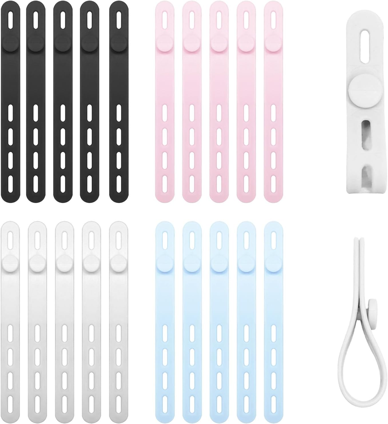 Silicone Cable Ties &ndash; Reusable Stretchy Wire Organizers for Charger, Earphone & Computer Cables Multi-Color Identification Tags for Home & Office Cable Management Durable, Soft, 20 Pcs