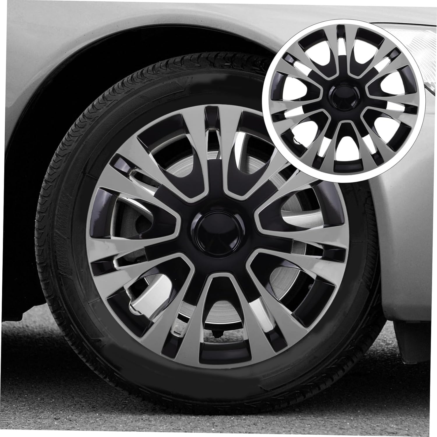 SOLUSTRE Universal 13 Inch Silver Wheel Hub Caps Black Hubcaps Car Wheel Cover Auto Accessories Vehicle Accessories One Piece image number 5