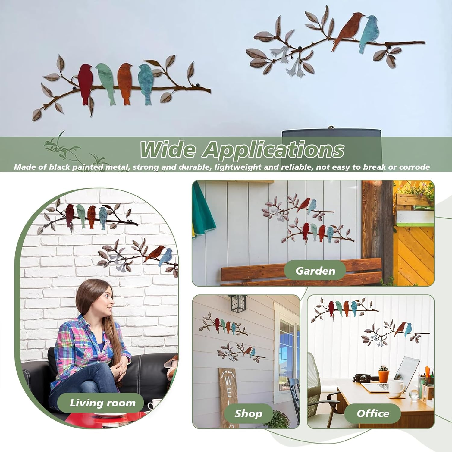 2 Pcs Metal Birds Hanging Bird Picture Wall Decor, Vivid Birds on Branch Art, Metal Silhouette Sculpture, Colorful Leaves Rustic Decor, for Balcony Garden, Indoor & Outdoor (Black) - Black image number 5