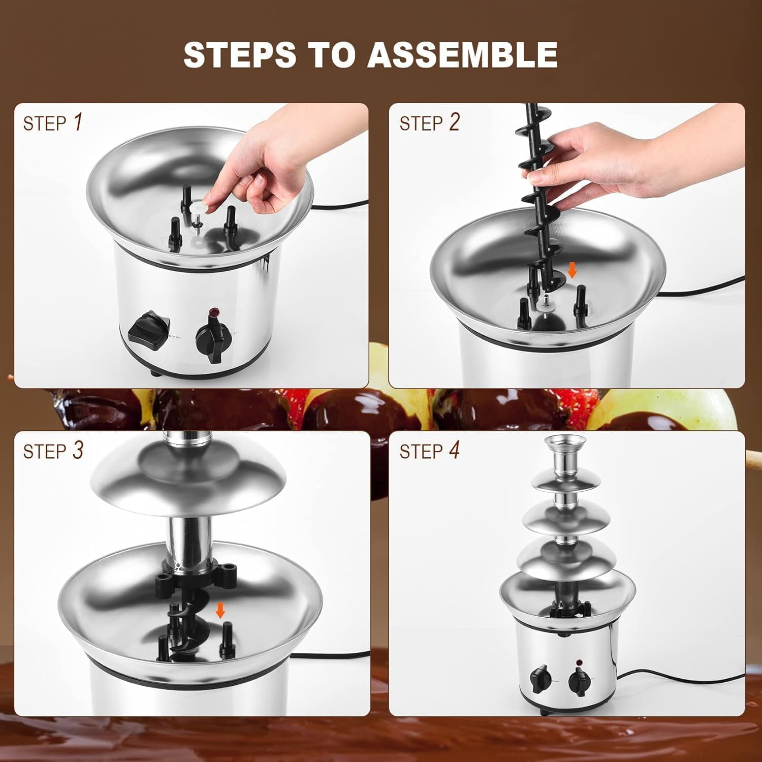 Large Size Stainless Steel Chocolate Fountain Fondue Set Electric 4-Tier Machine with Hot Melting Pot Base 1800Ml Capacity, for Birthday Party, Family Gathering, Brown image number 1