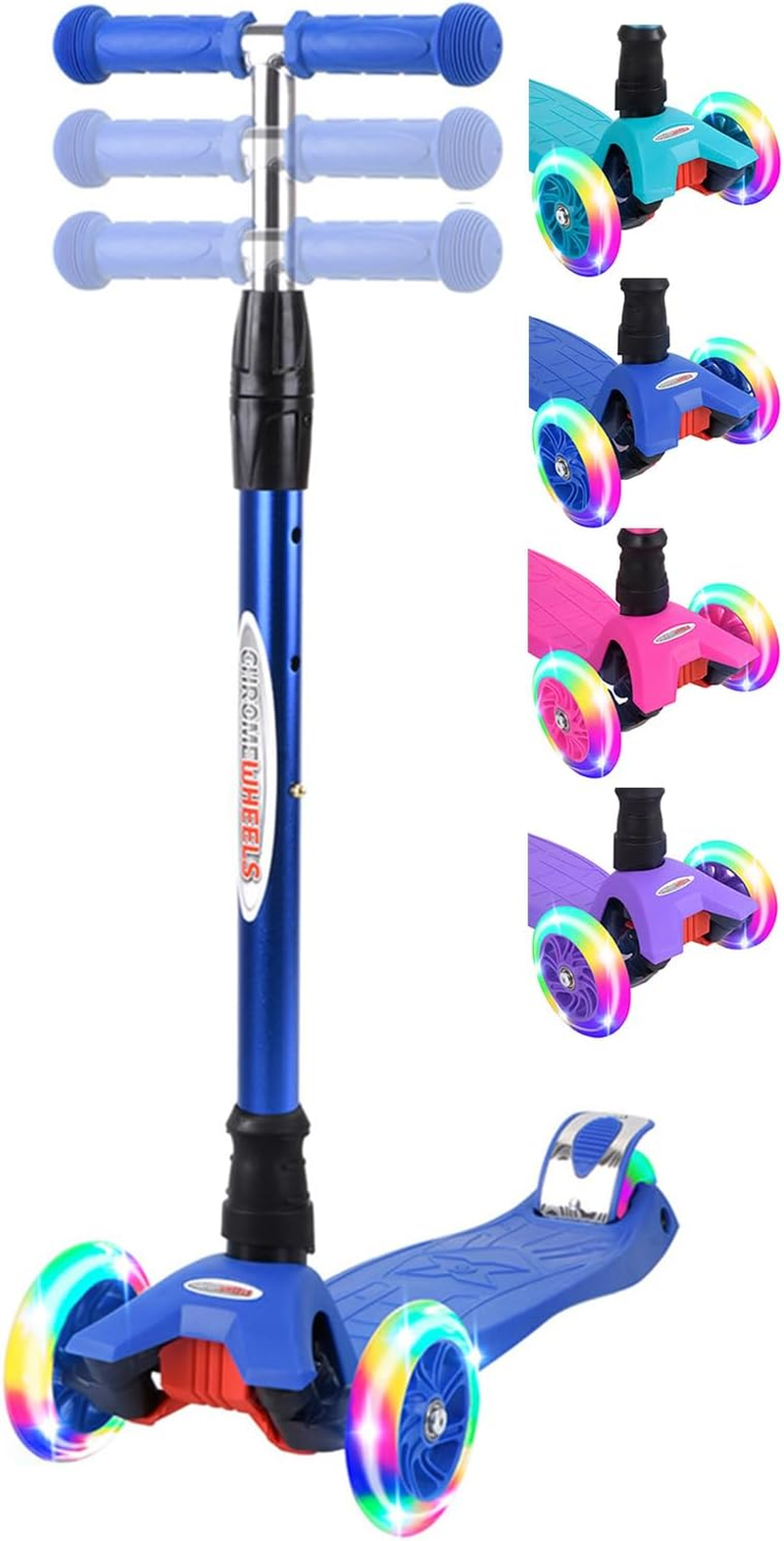 Chromewheels Scooters for Kids, Deluxe 3 Wheels Kick Scooter 4 Adjustable Height 132Lbs Weight Limit, Lean to Steer LED Light up Wheel, Best Gifts for Girls Boys Ages 3-12 Years Old
