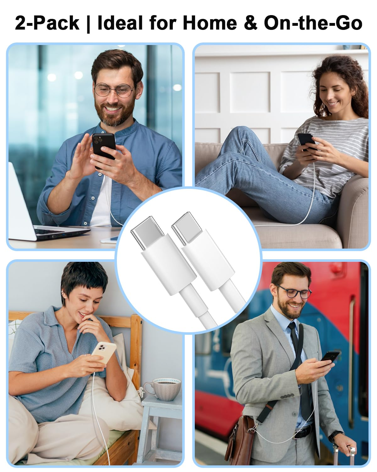 [2-Pack] USB C to USB C Cable 1M - 60W Fast Charging Cord for Iphone 15/16, Macbook, Ipad, Galaxy S25/S24/S23, Pixel, Chromebook, Dell, Switch image number 5