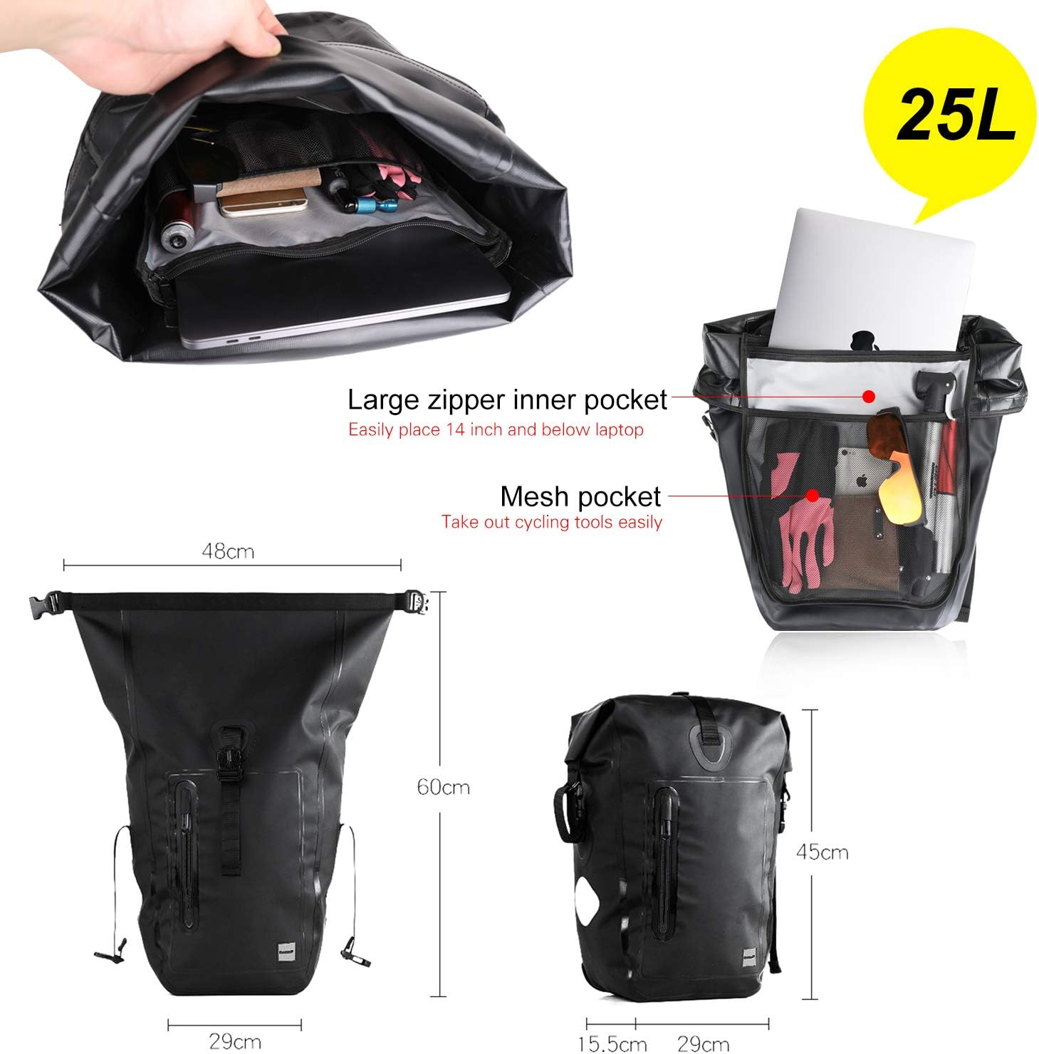 Rhinowalk Bike Bag Waterproof Bike Pannier Bag,(For Bicycle Cargo Rack Saddle Bag Shoulder Bag Laptop Pannier Rack Bicycle Bag Professional Cycling Accessories)-Black image number 3
