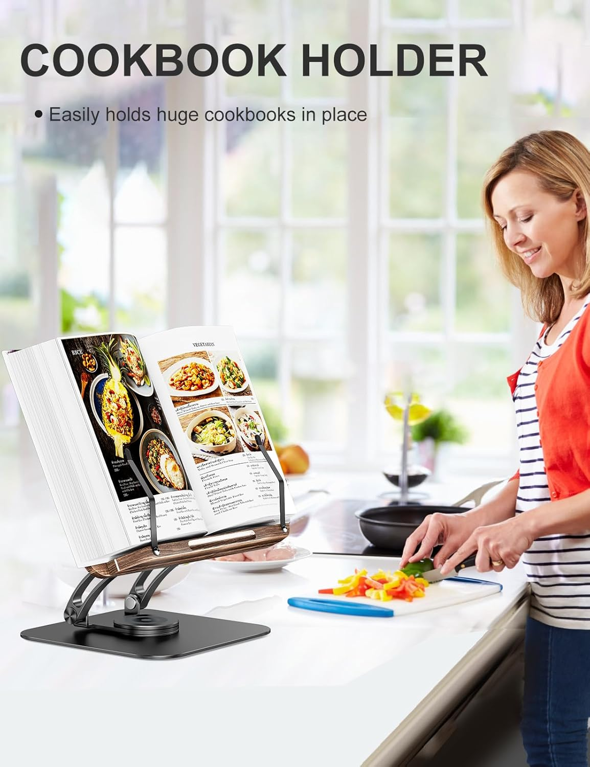 Tounee Book Stand for Reading, Adjustable Book Holder with 360&deg; Swivel Base, Foldable Cookbook Stand Recipe Book Holder with Elastic Page Clips for Music Scores, Recipe, Magazines, Laptop (Black) - Silver image number 4