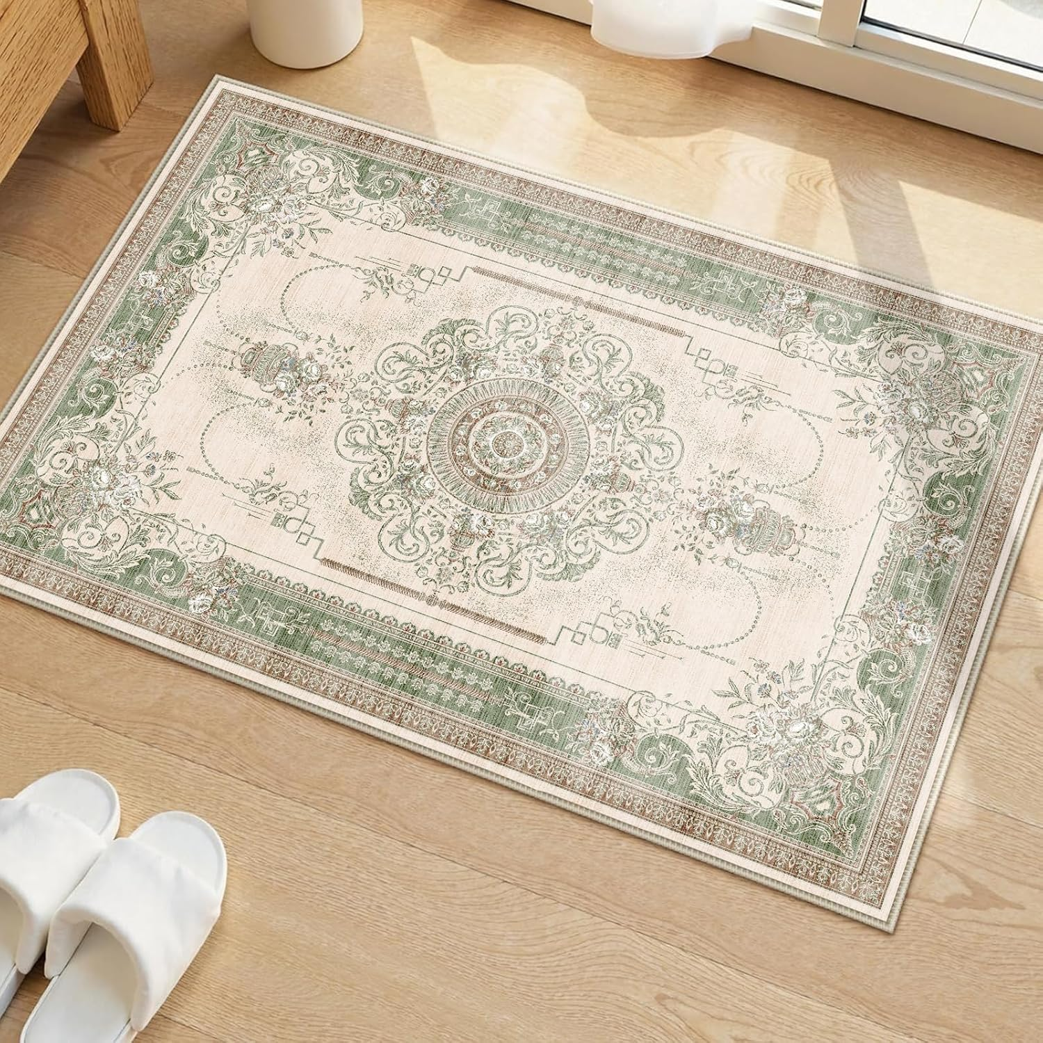 UZU 60X90Cm Non-Slip Machine Washable Entryway Rug, Indoor Door Mat Faux Cashmere Carpet Soft Durable Low Pile Area Rugs with Anti-Slip Backing for Bedroom Kitchen Bathroom Laundry Room - Home Decor