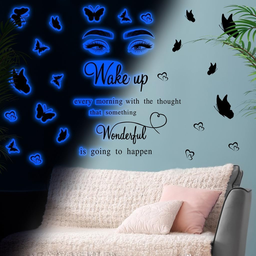 WRENYZK Wall Stickers, Inspirational Quotes Wall Art Stickers, Wall Decorations for Bedrooms Aesthetic, Butterfly Wall Sticker for Hallway Stairs, Motivational Stickers for Adults, Teens (Blue Glow) image number 1