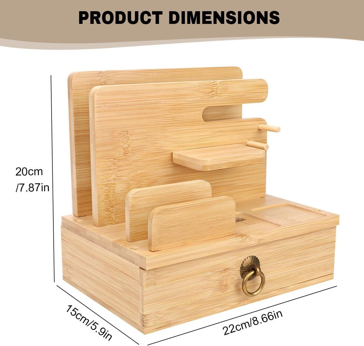 Bamboo Multiple Device Desktop Charging Dock Station Watch Organizer Key Holder with Drawer for Iwatch,Airpods,Ipad,Smartphones,Tablets,Kindles image number 4