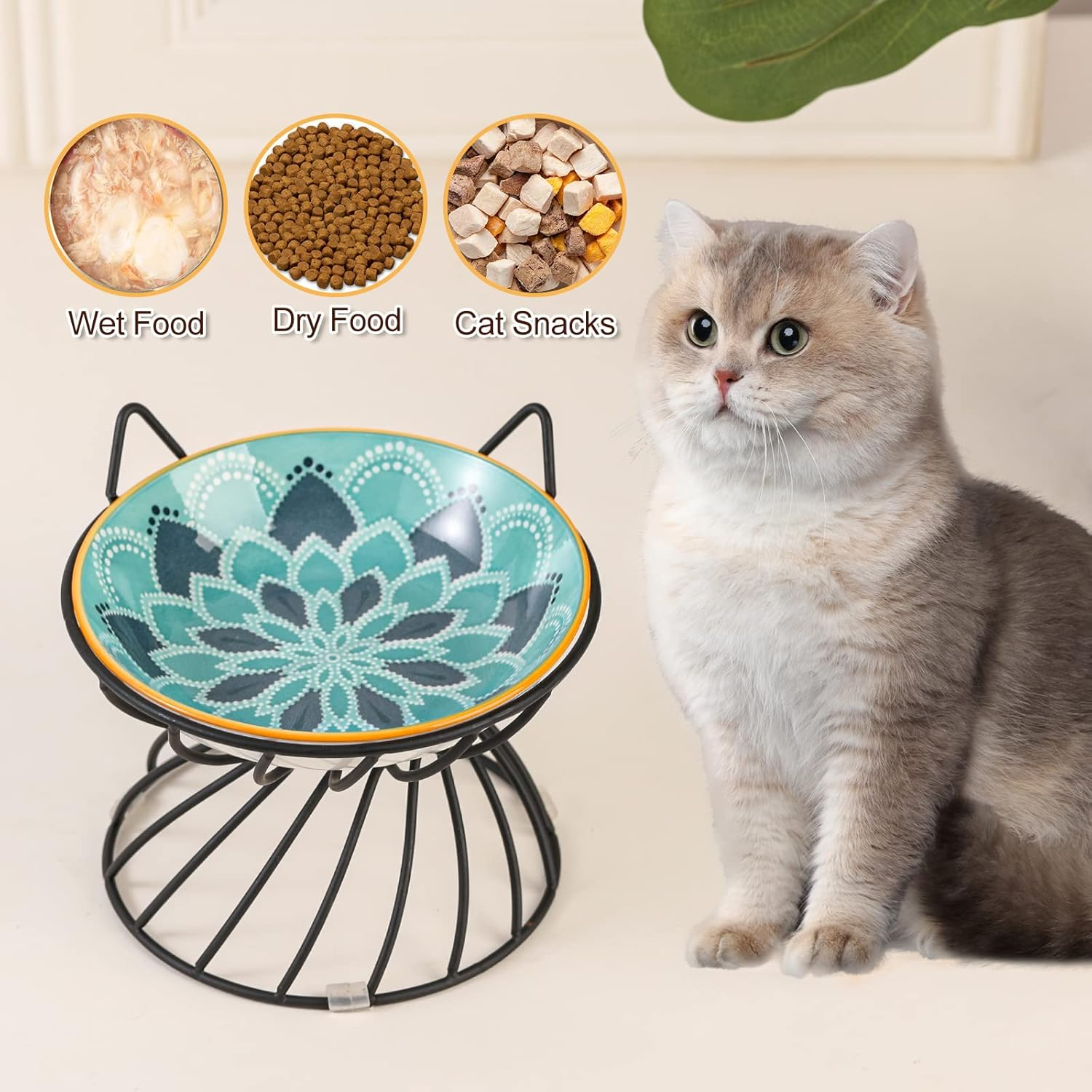 Raised Ceramic Cat Food Bowl - Elevated Cat Dish with anti Slip Stand - Wide Shallow Cat Bowl Whisker Friendly - Cute Cat Plate - Cat Feeding Bowls - Microwave and Dishwasher Safe - 8.5 Oz - 5.75 Inch image number 4