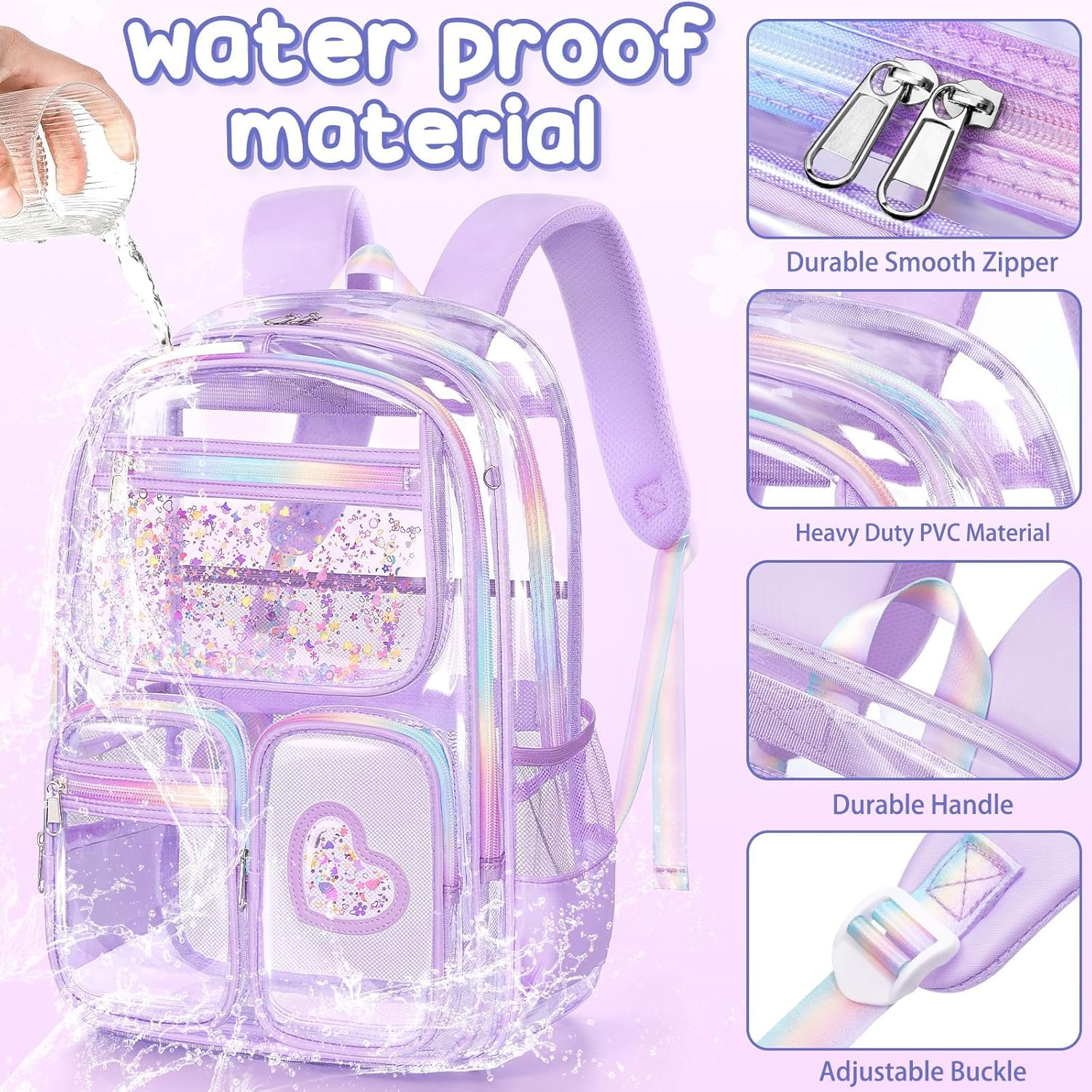 Fimibuke Clear Backpack for Girls, 3PCS Heavy Duty PVC Transparent Kids Backpack for Teen Girl with Lunch Box & Pencil Case