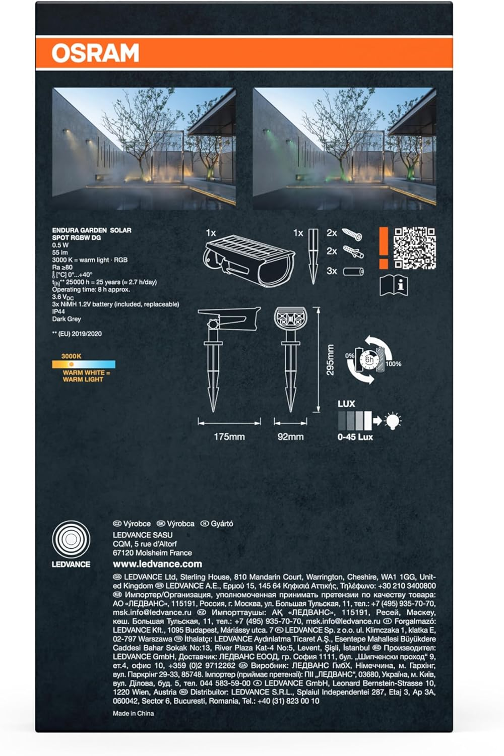 OSRAM Solar Spot RGB & Warm White with Ground Spike and Wall Mount Daylight Sensor IP44 Protection Solar Powered Spotlight for Garden Patio image number 2