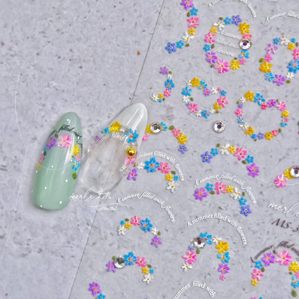 3Sheets 5D Nail Art Sticker Embossed French Pearls Flowers Sunflower Daisy Spring Self-Adhesive Nail Art Decal Supplies Stick Tip for Salon DIY Acrylic Nails Design (Flower) image number 3