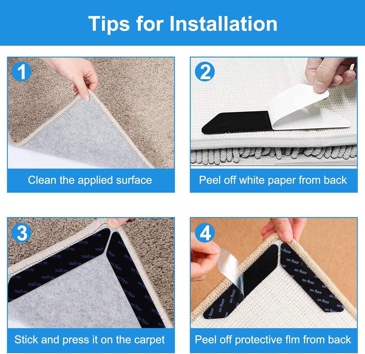 Rug Gripper 12 Pcs - Non Slip Carpet Tape for Hardwood Floors, Reusable Washable Double-Sided Adhesive, Anti-Curling Rug Pad (Black) image number 3