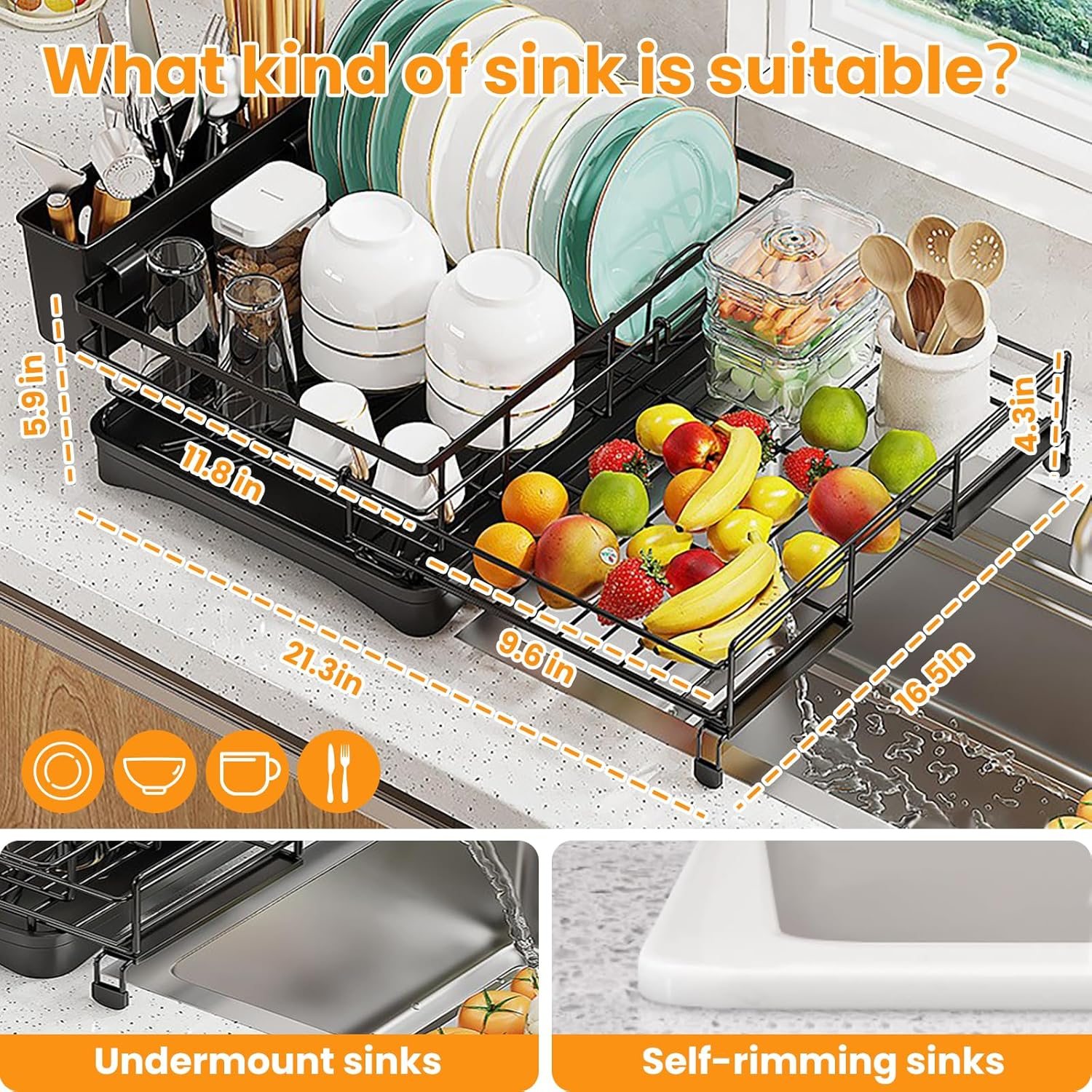 Dish Drying Rack, Expandable Dish Racks for Kitchen Counter and Sink, Drying Rack Dish Drainer with Cutlery Holder for Kitchen Storage & Organisation image number 3