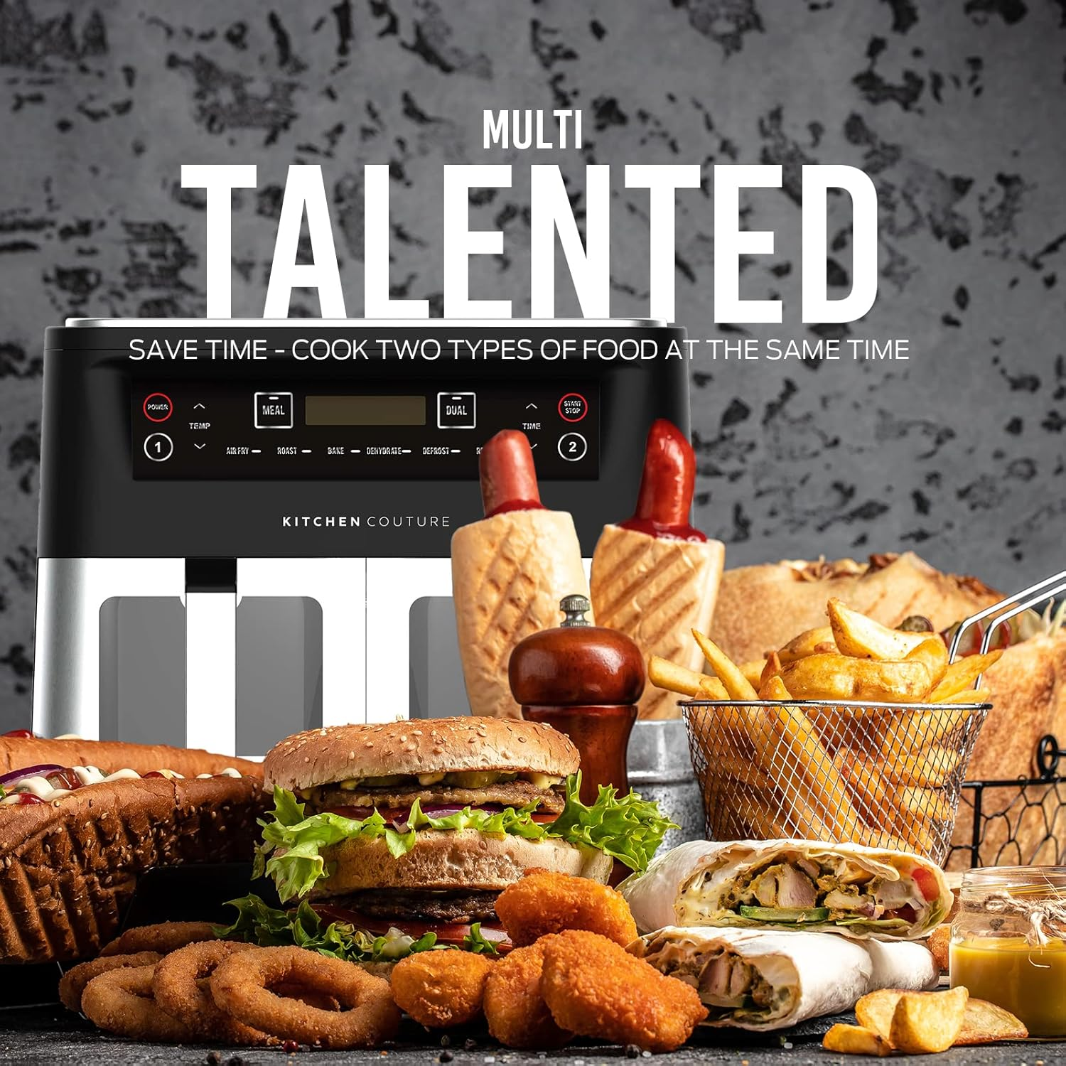 Kitchen Couture Dual Draw 10 Litre (2 X 5 Litre) Stainless Steel Air Fryer - Dual Cooking Zones, LED Display, Rapid Air Circulation, 1600W Black Silver image number 1