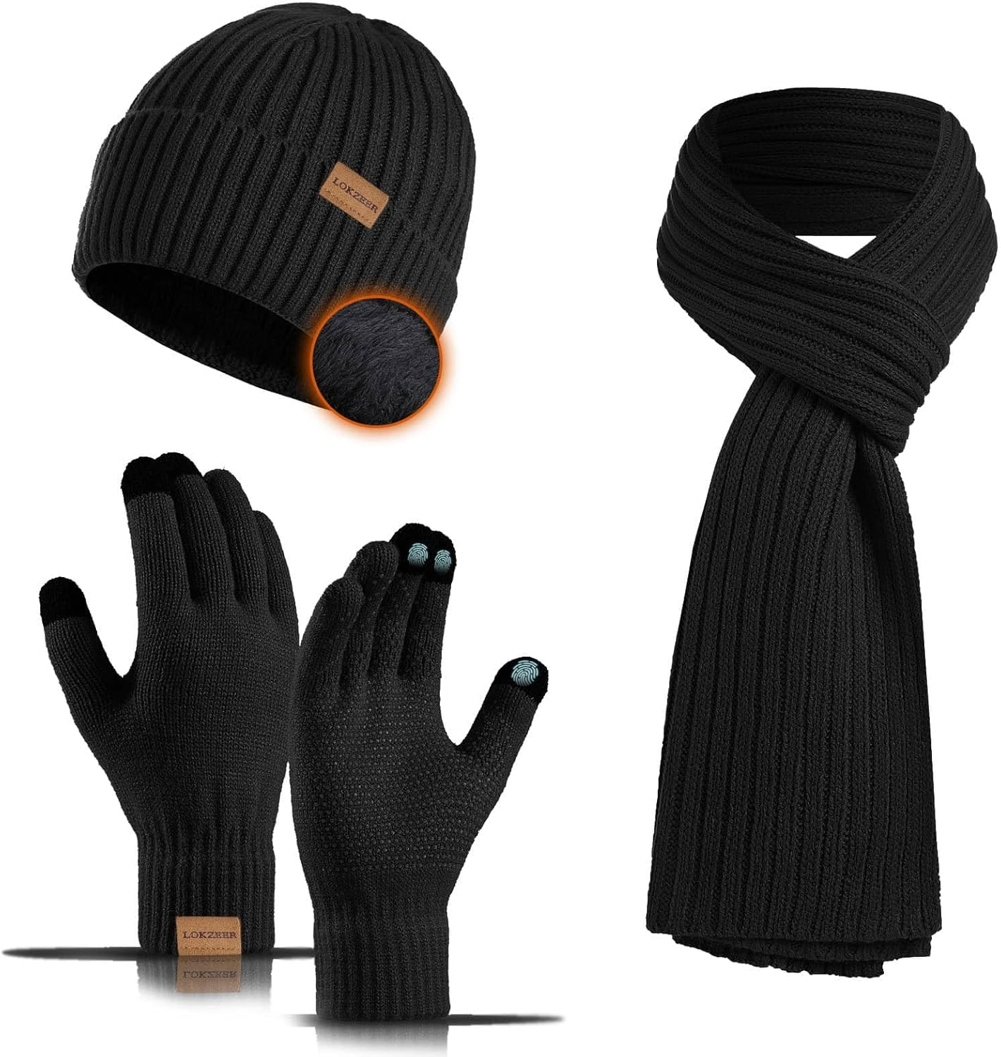 LOKZEER Winter Hat Scarf Gloves Set for Men Women - Warm Knit Beanie with Fleece Lining, Touchscreen Gloves with Non-Slip Silicone Palm, Thick Knitted Long Scarf, Warm Cold Weather (One Size) image number 6