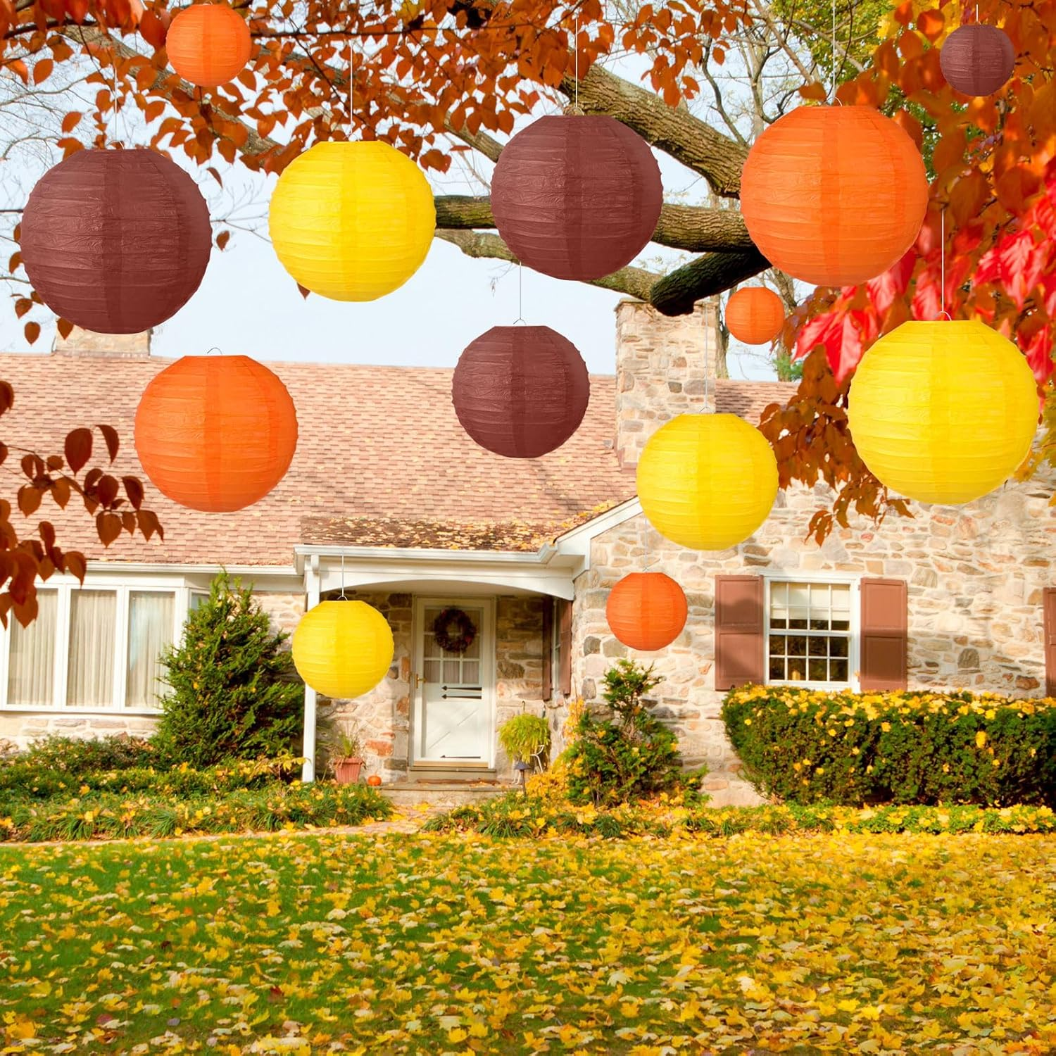 Chuangdi 12 Pcs Fall Paper Lanterns Yellow Orange Brown Thanksgiving Party Paper Lanterns Family Reunion Decorations Autumn Decorative round Hanging Party Decorations for Harvest Indoor Outdoor image number 2