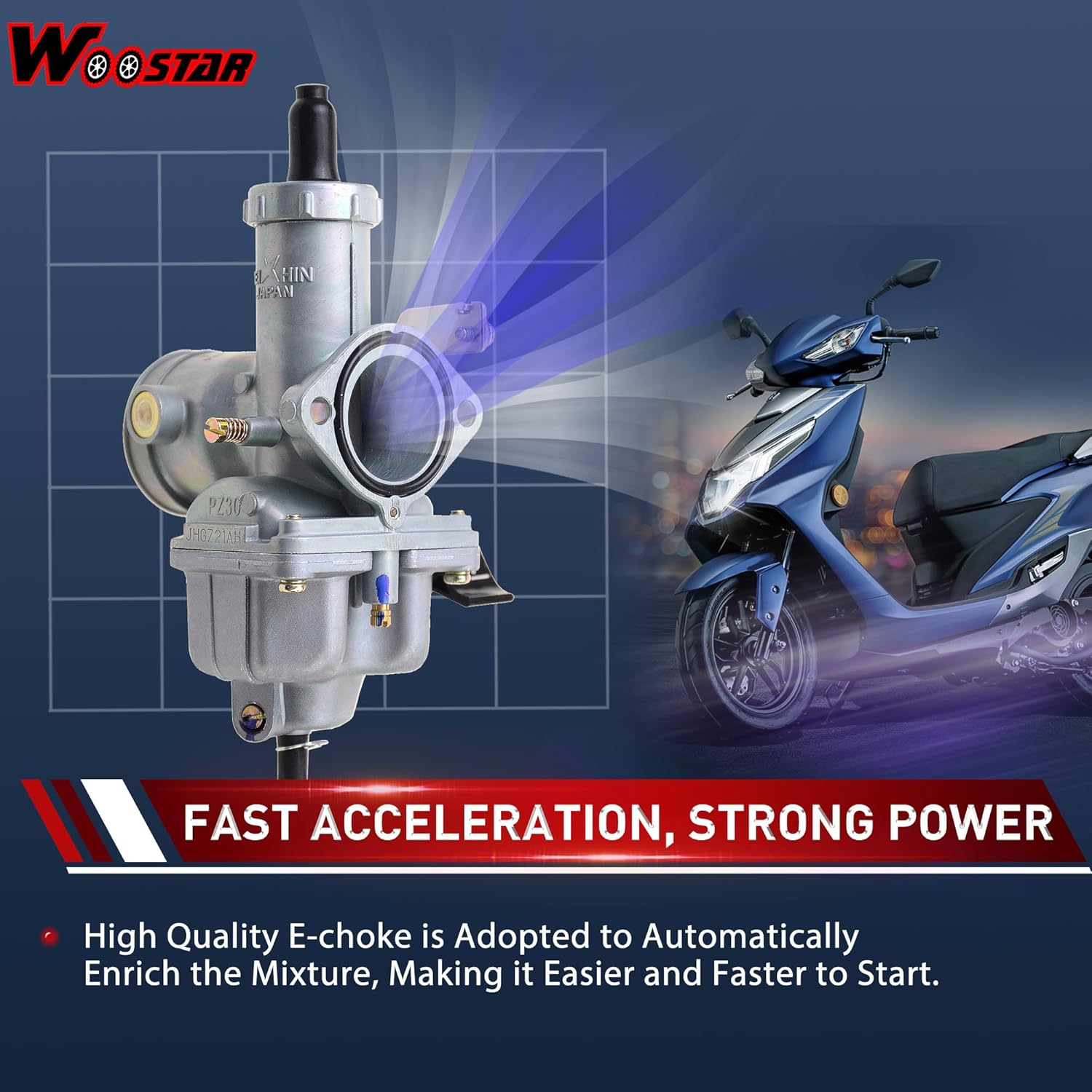 WOOSTAR 30Mm Carburetor PZ30 with Cable Choke Replacement for 150Cc 175Cc 200Cc 250Cc 300Cc Scooter Moped Dirt Pit Bike ATV 4 Wheeler Quad