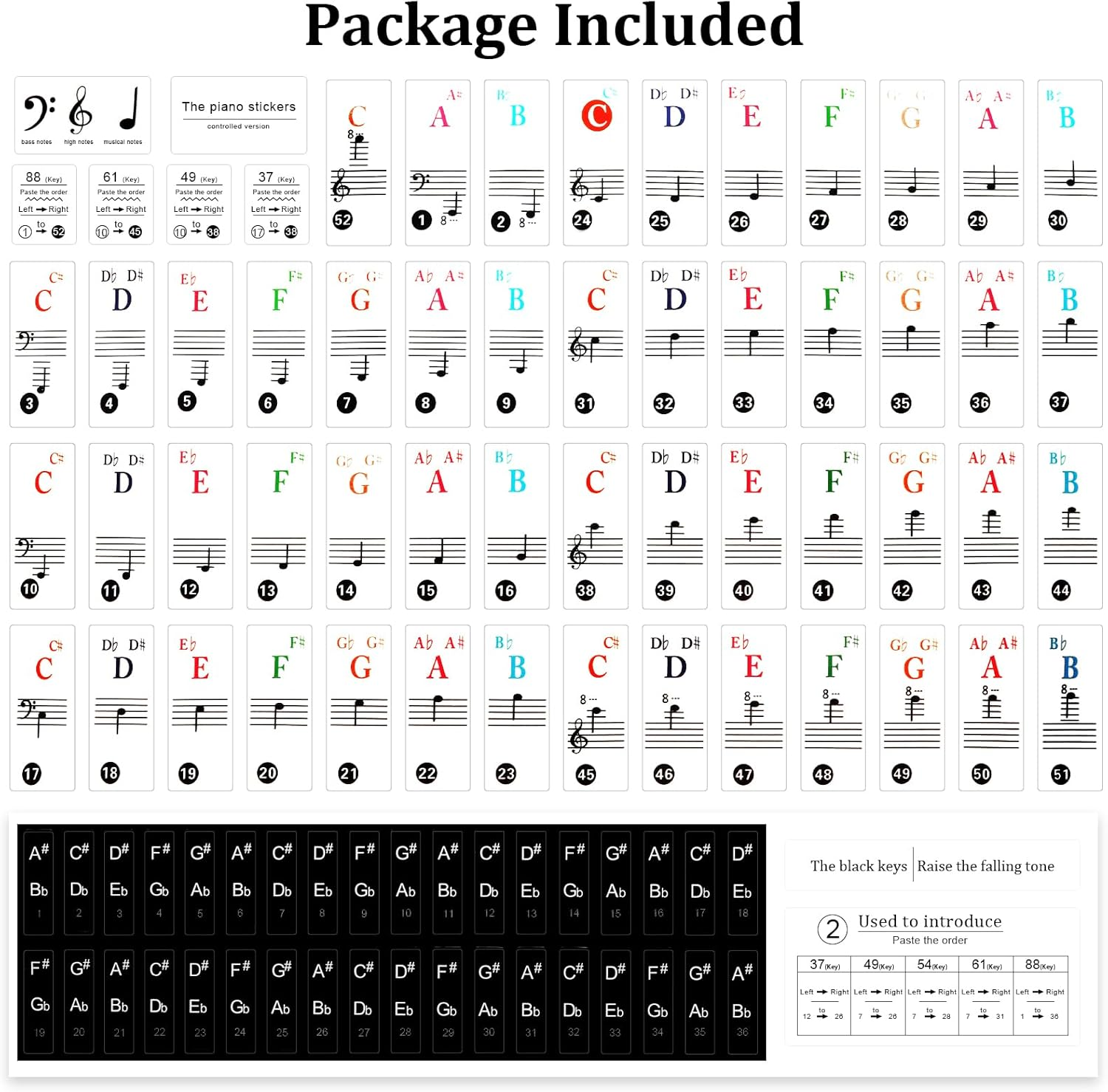 Piano Key Stickers, 61 Keyboard Piano Key Piano Keyboard Stickers Colorful Large Bold Letter Piano Stickers, Removable Piano Keyboard Note Labels, Piano Stickers for Beginners image number 5