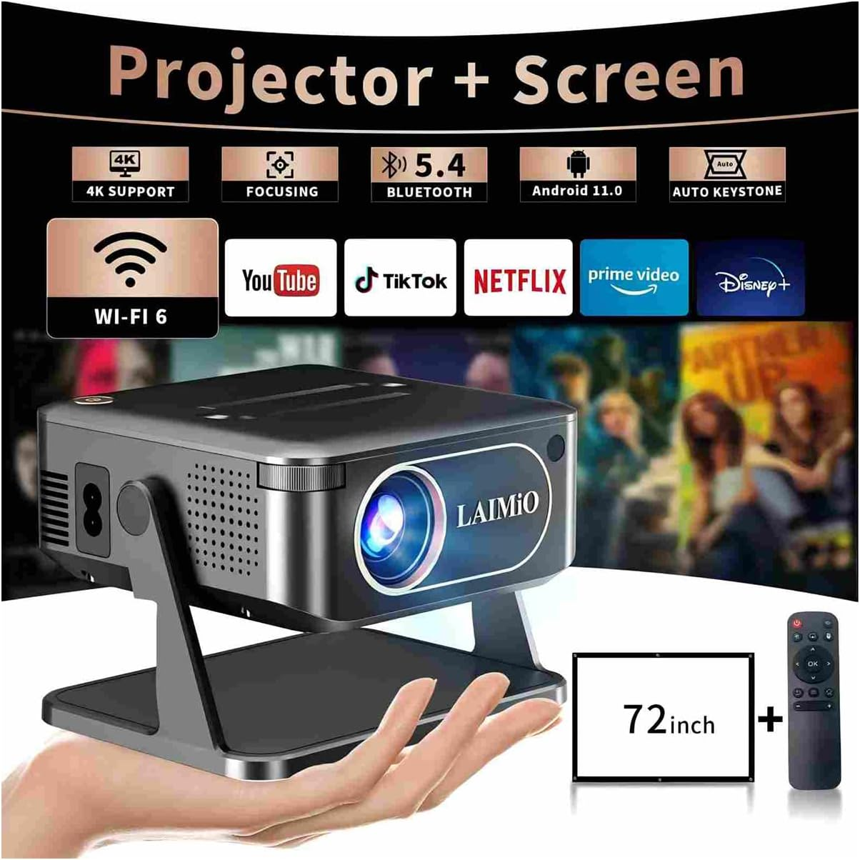 Laimio 1080P & 4K Supported Projector with Projector Screen, Auto Keystone Correction & 360&deg; Rotation, Wifi6 & BT5.4 Portable Mini Projector for Home Cinema, Outdoor Movie and Room Entertainment-White