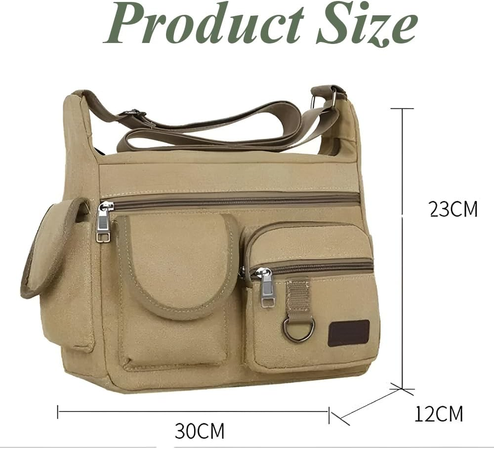 Canvas Crossbody Bag with Water Bottle Holders, Multi Pocket Messenger Bag, Vintage Laptop Bag, Briefcase for Men and Women Khaki (30 * 23 * 12 CM) image number 2