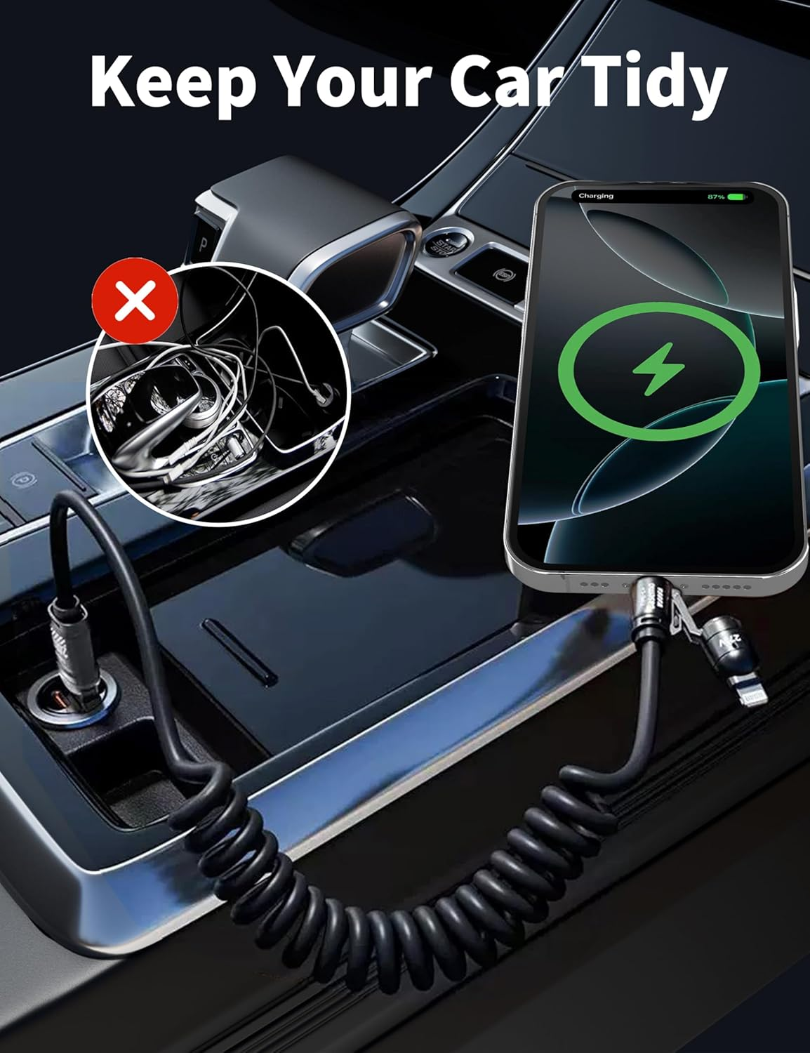 BELAROI 240W 4-In-1 Coiled Charging Cable&ndash;Zinc Alloy Fast Charger with PD 27W/65W/240W, 2M Retractable Cable(Usb-C/A & USB-C/L), Compatibility for Iphone 16/15/14, Laptops, Android, Carplay & Carlife image number 2