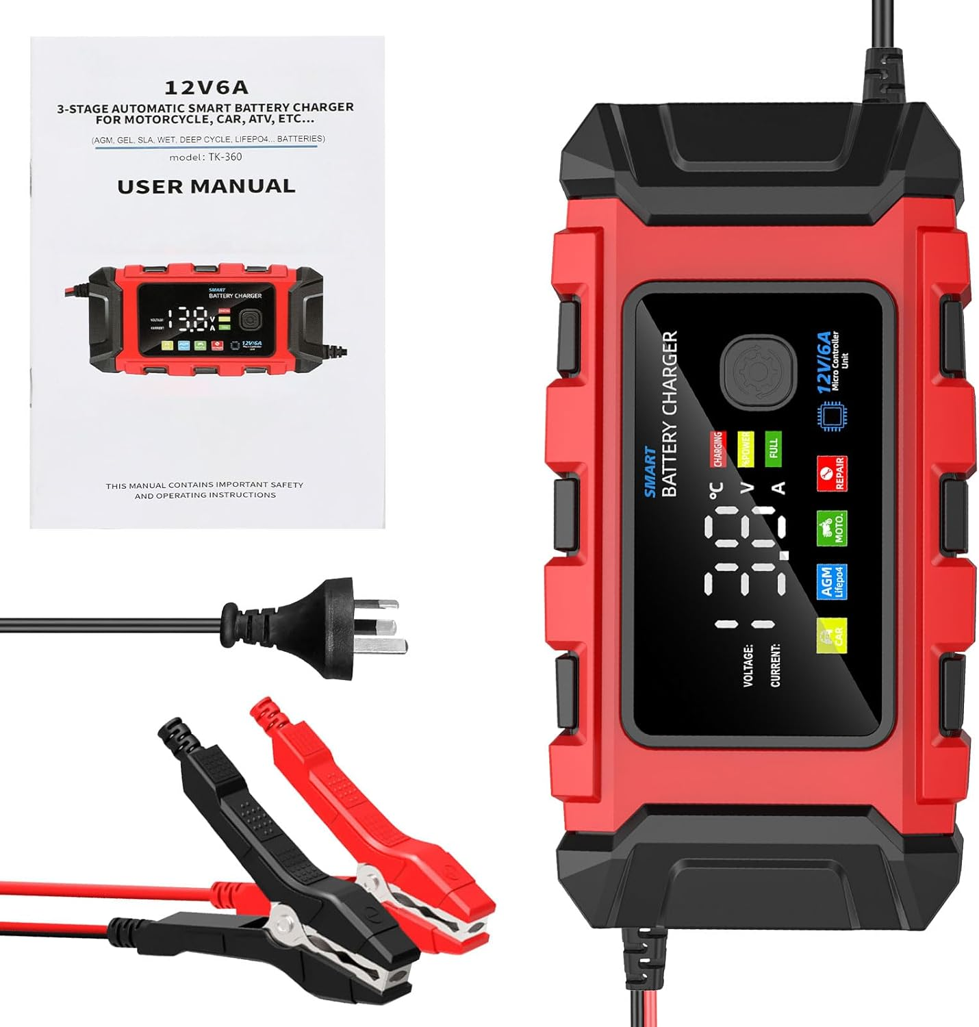 6 Amp Car Battery Charger, Smart Battery Trickle Charger Automotive 12V Battery Maintainer Desulfator for Car Truck Motorcycle Lawn Mower Marine Lifepo4 Lead Acid Batteries image number 5