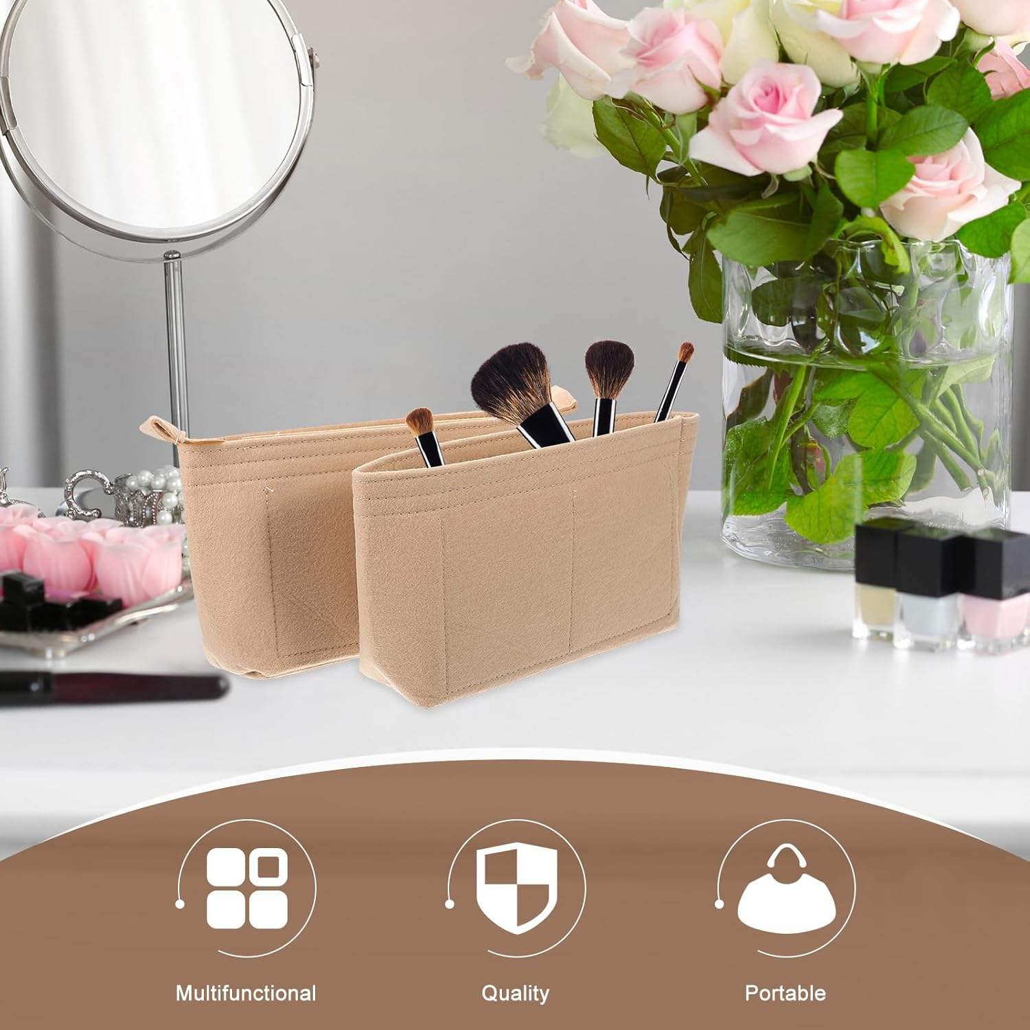 DRESSOOS 2Pcs Felt Purse Organizer Insert Bag Set with Zipper and Open Top Small Tote Bag Insert Organizer for Handbags and Travel Beige Wool Felt Handbag Liner image number 4