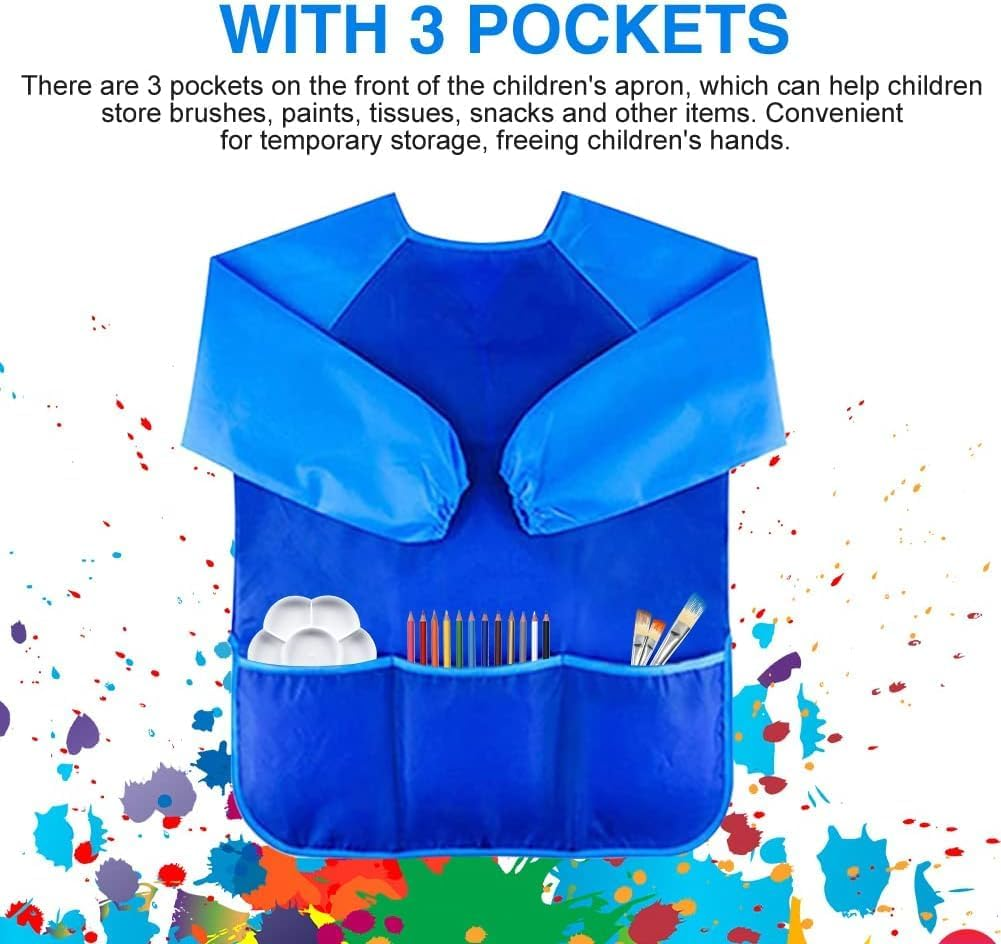 WADY Kids Painting Apron, Waterproof Art Smocks for Child 5-8 Years, Child Height 120Cm, Children Artist Apron with Long Sleeve and 3 Pockets, Baking/Cooking/Painting/Art Craft Aprons image number 6