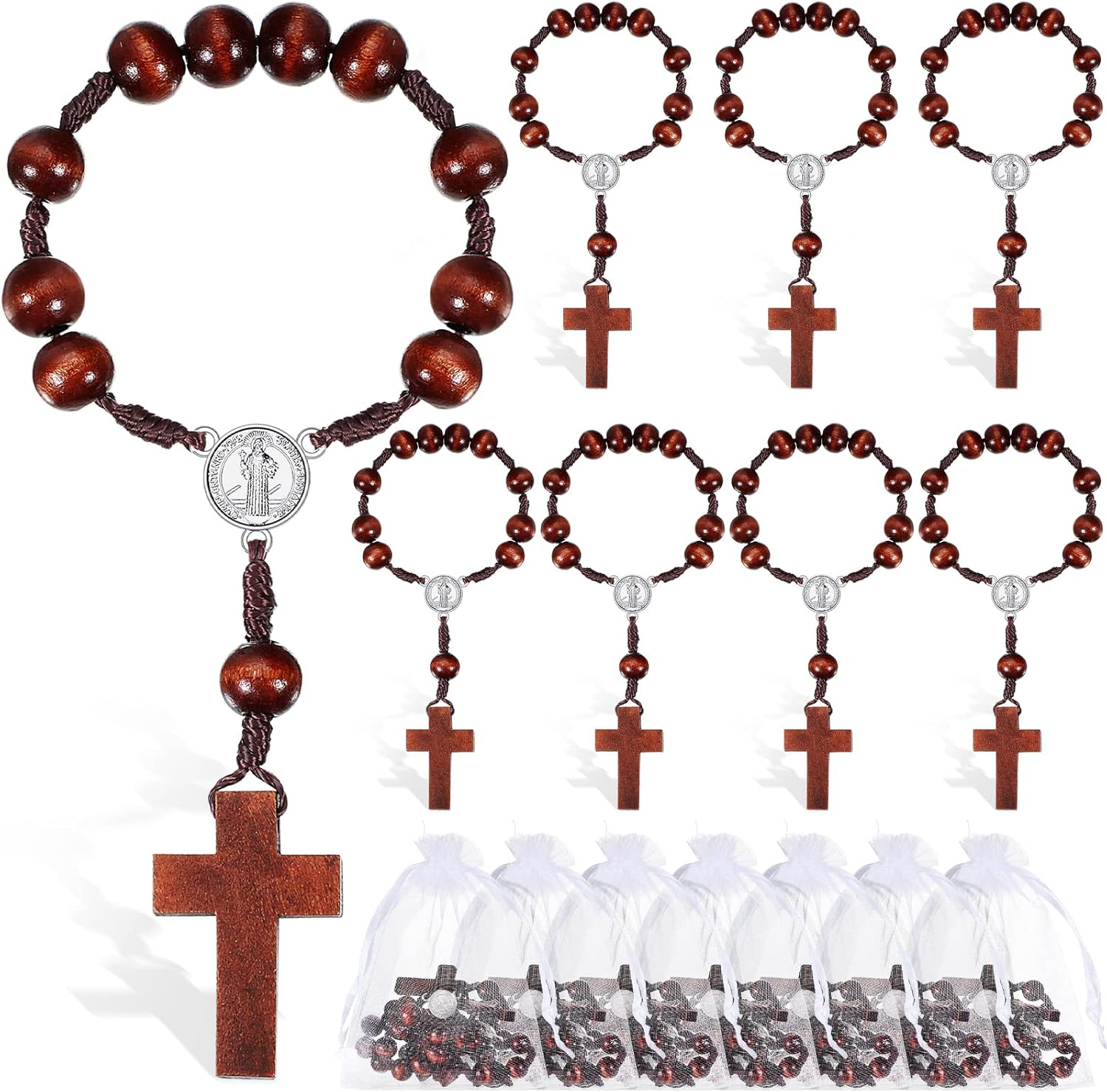 Yinkin 30 Pieces Baptism Rosary Bible Verse Favors Mini Baptism Favors Wood Rosary Religious Crosses Bulk Gifts with 30 Organza Bags Mini Rosaries Bulk for First Communion Christening Party Gift image number 5
