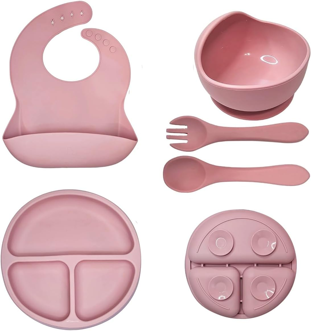 Silicone Baby Feeding Set -Practical 5 Pcs,Baby Led Weaning Supplies,Toddler Eating Spoons Suction Bowl Divided Plate Bib,First Stage Solid Food Eating Utensils - 6+ Months (Off-White)