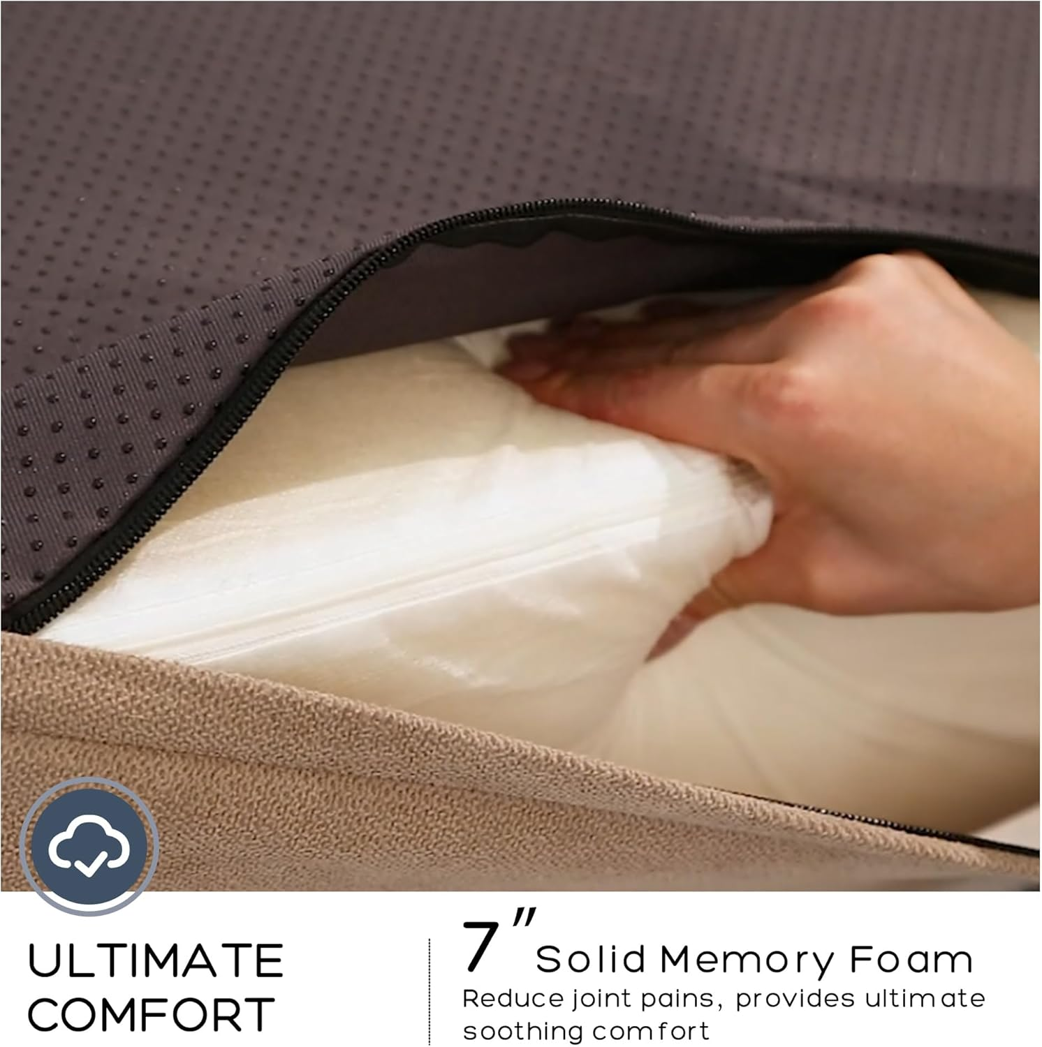 Petfun Jumbo Orthopedic Dog Bed for Large Dogs - 7-Inch Thick Memory Foam Dog Bed with Pillow Removable Cover Machine Washable (Off-White | Textured Plush), 50''L X 34''W X 10''Th I Extra Large