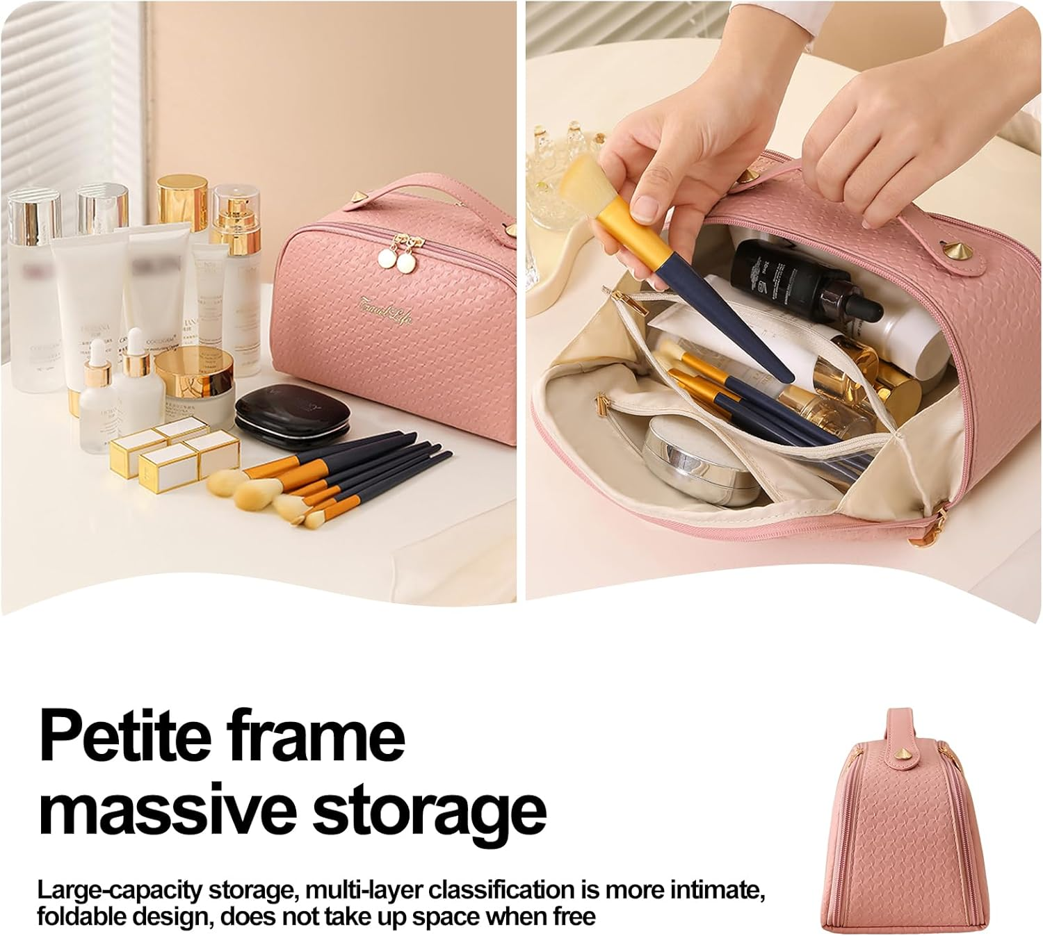 Vbvbip 2025 New Elegant Travel Makeup Bag for Women, Waterproof Cosmetic Organizer Pouch, Large Quilted Makeup Bags，Pink image number 2