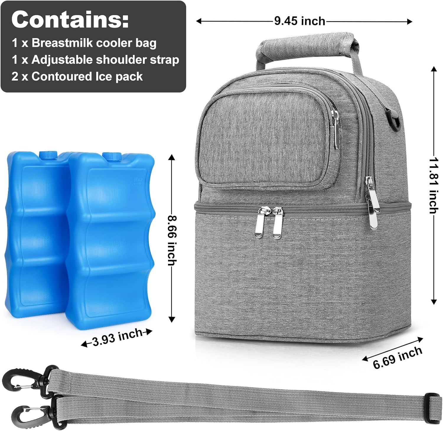 Breastmilk Cooler Bag with Ice Pack Bottle Cooler Bag for Baby Milk Breast Pump Bag with Cooler Double Deck Breast Milk Storage Bag for Breastfeeding Nursing Daycare Insulated Lunch Bag with Strap image number 3