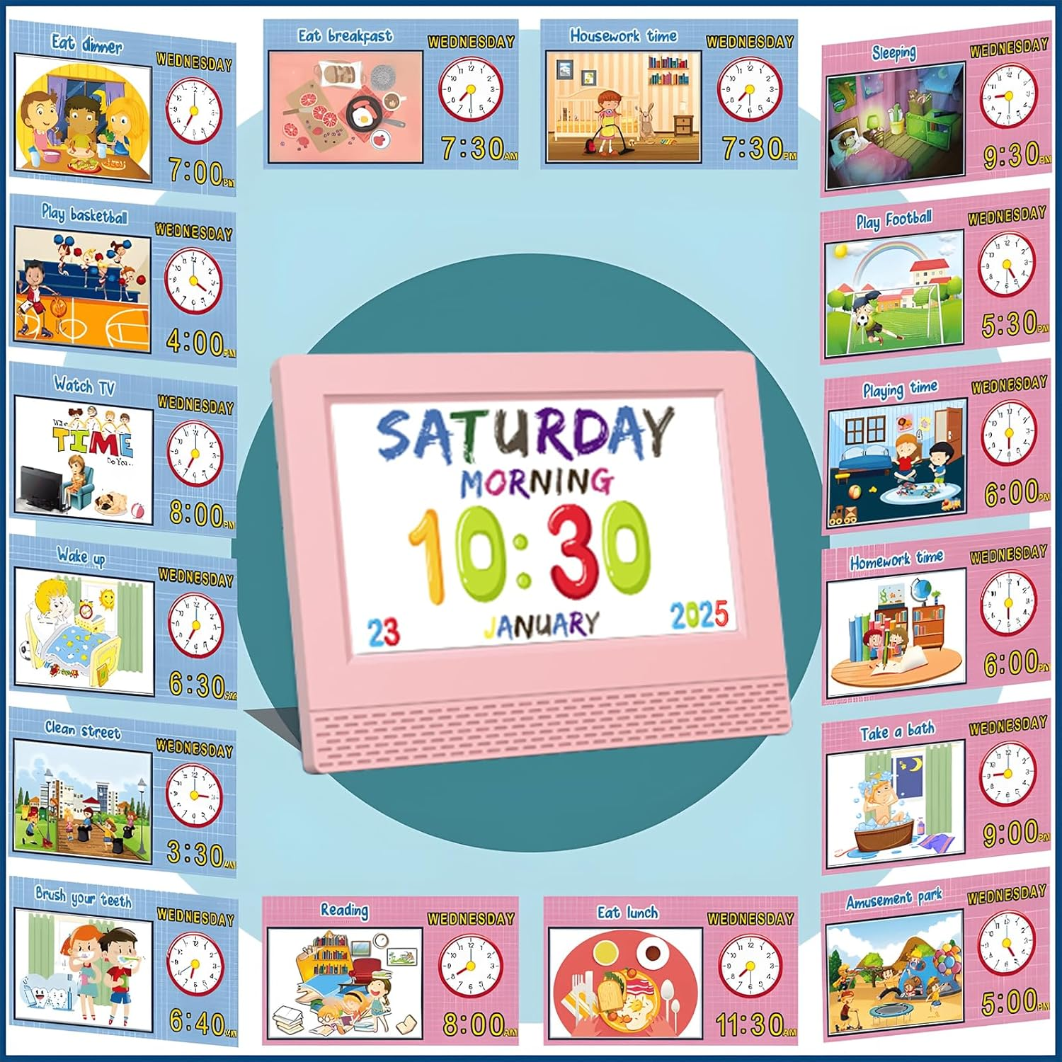 Kids Alarm Clock Colorful, 7 Inch LED Display Eye-Caring Digital Alarm Clock for Girls Boys Bedroom Decor, Children'S Sleep Trainer Bedside Clock, 17 Alarm Clock Setting Easy to Use Kids Birthday Gift image number 3